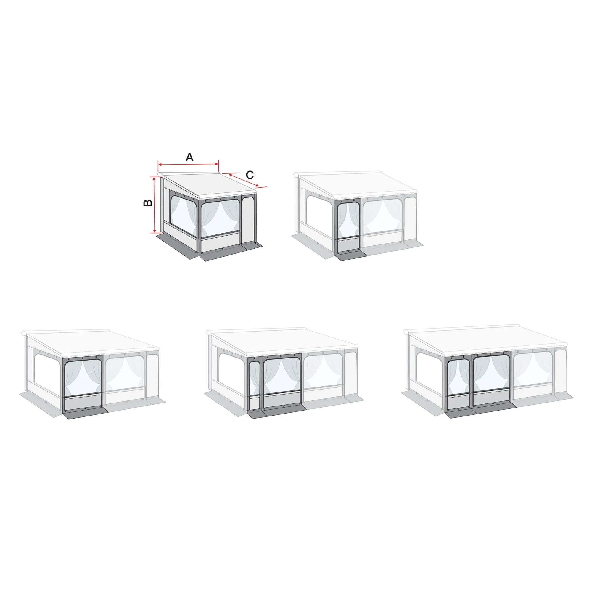 Markisenzelt Privacy Room F80, 300 XL in mehreren Ansichten mit Fenstern, Türen und Maßpfeilen für A, B und C