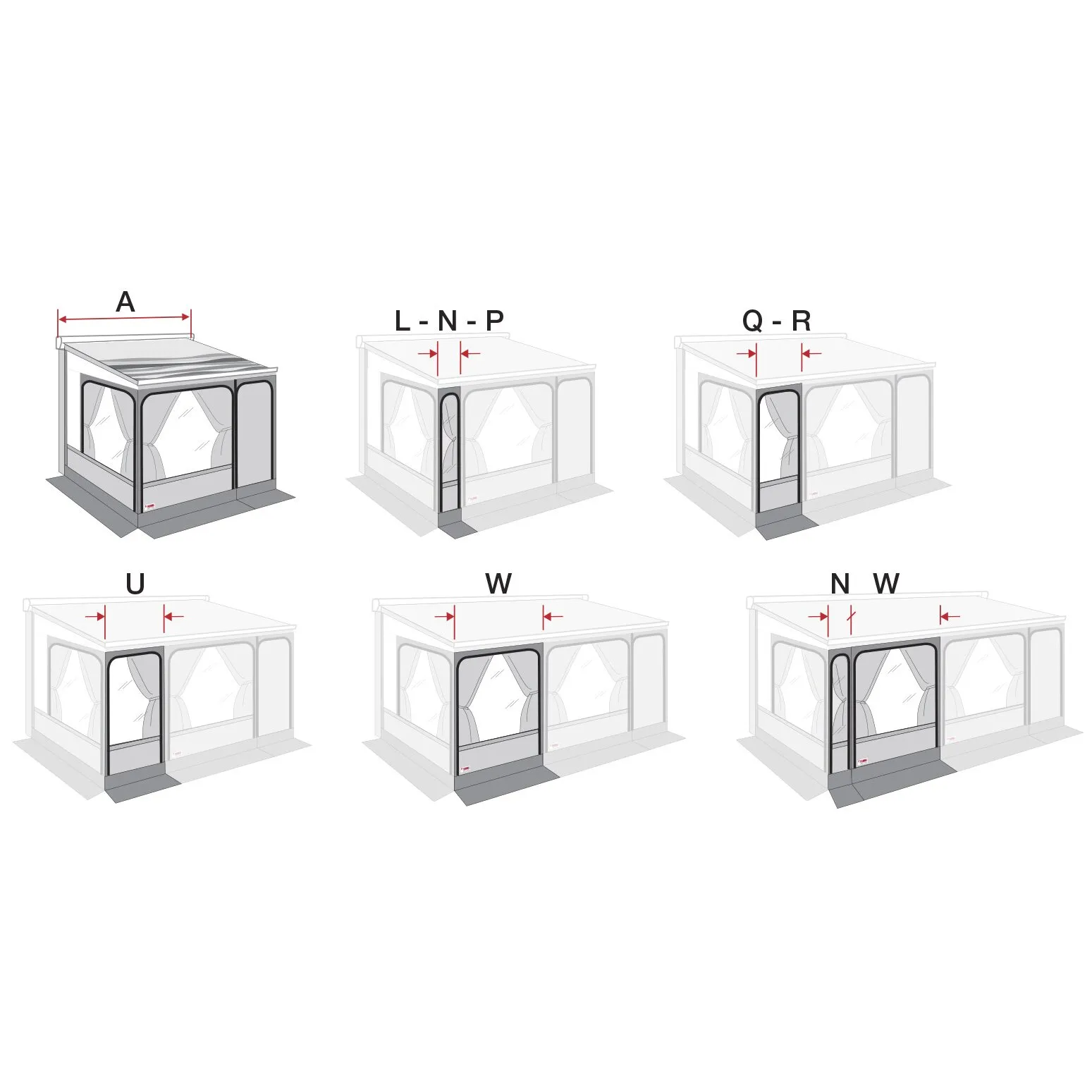 Markisenzelt Privacy Room F45 300 Large mit sechs Ansichten und markierten Positionen A, L-N-P, Q-R, U, W und N-W