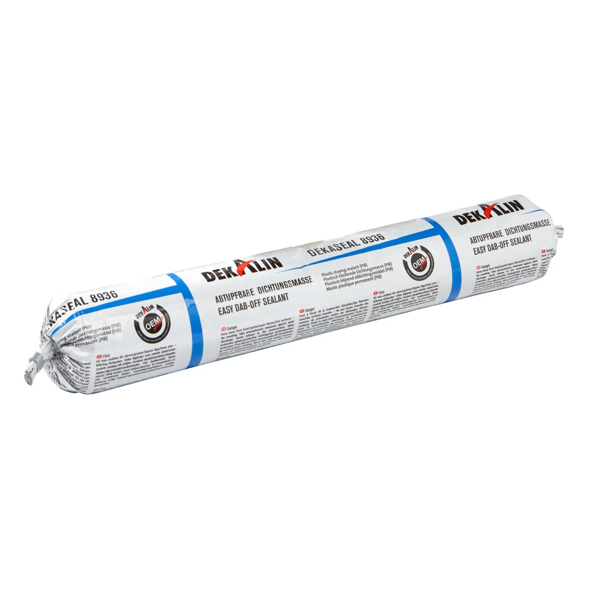 DEKALIN DEKASEAL 8936, hellgraue abtupfbare Dichtungsmasse im 560-ml-Schlauch mit blau-weißer Verpackung