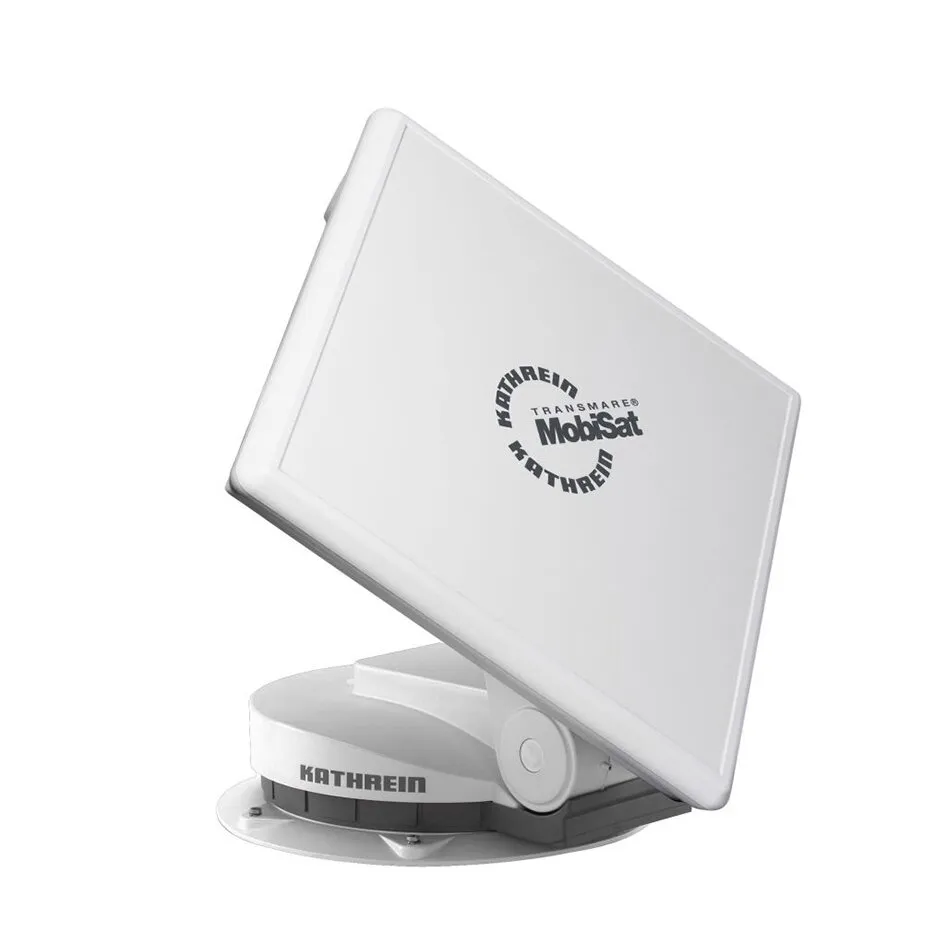 Weiße, flache Kathrein Sat-Antenne CAP 650 GPS mit rechteckigem Reflektor auf motorisierter Dreheinheit