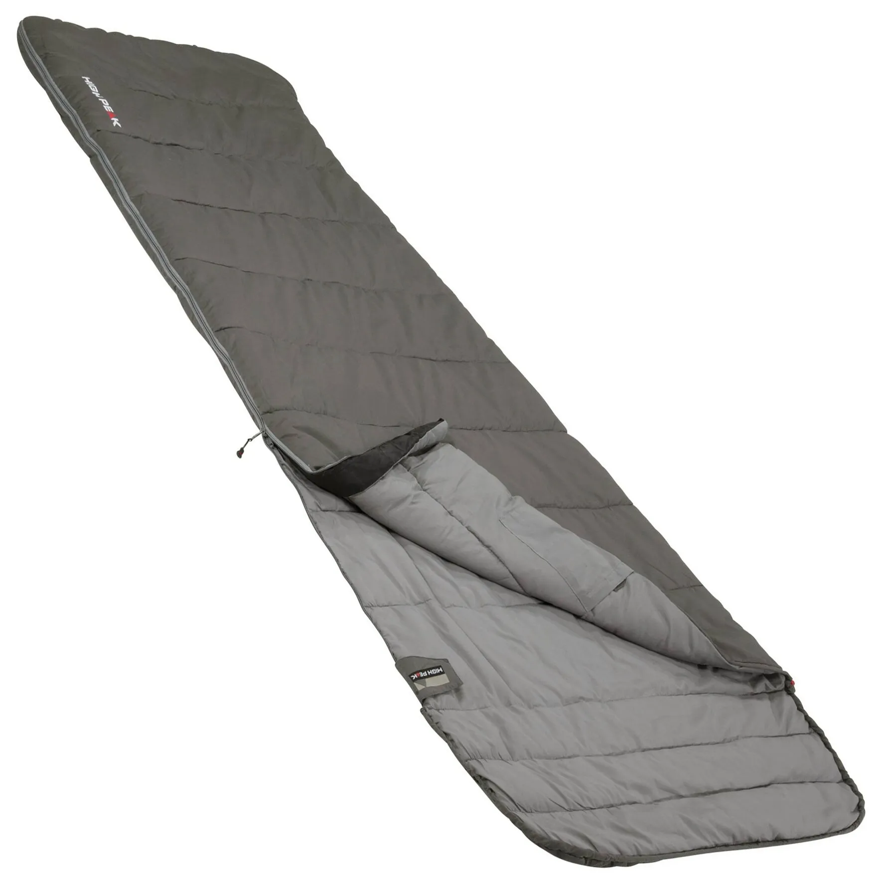 Grauer Deckenschlafsack High Peak Conon 7, 220 x 80 cm, aufgeklappt mit sichtbarem Reißverschluss und Innenfutter