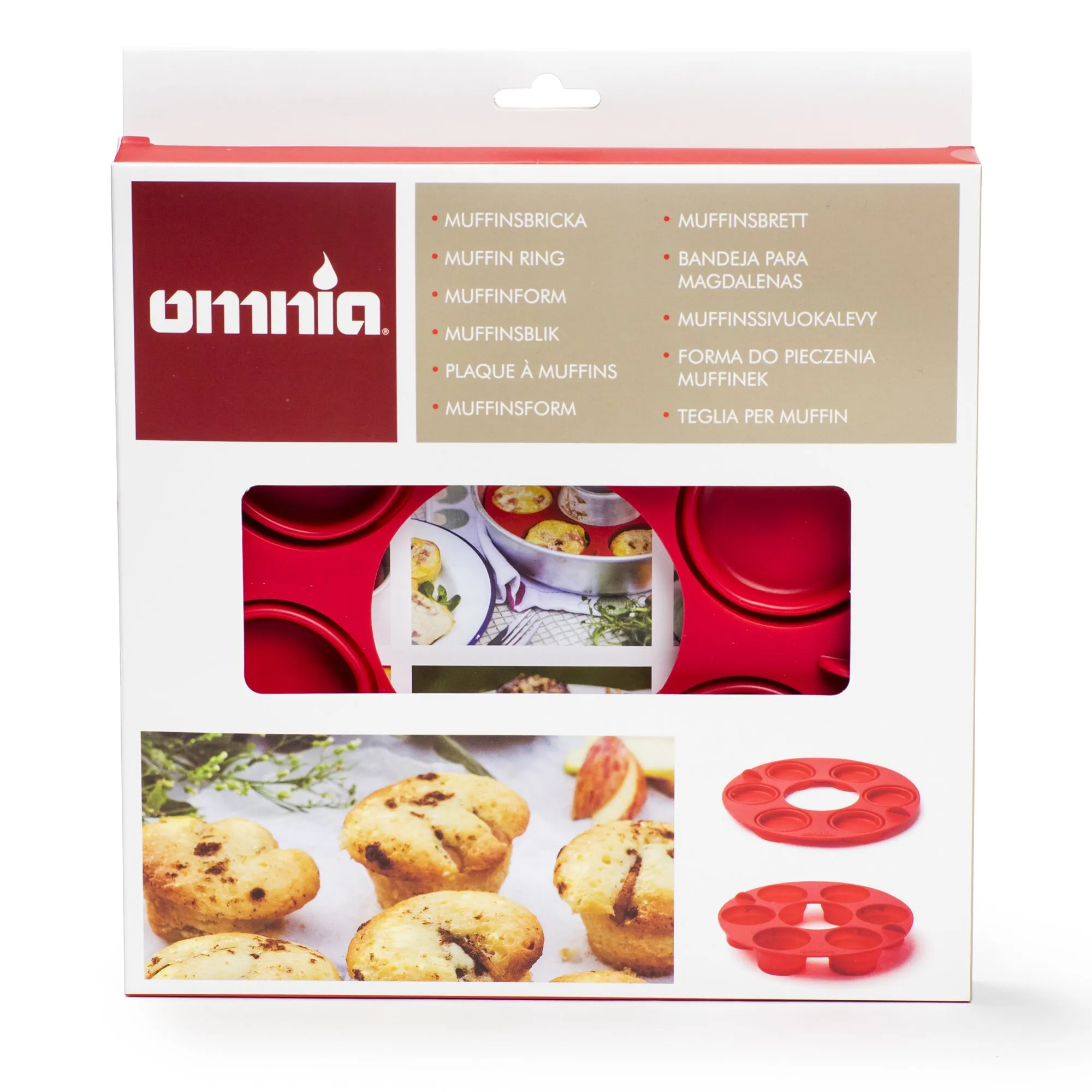 Rote Muffin-Tab aus der Verpackung von Unnia mit mehreren Vertiefungen, Muffins und Produktansichten auf der Verpackungsrückseite