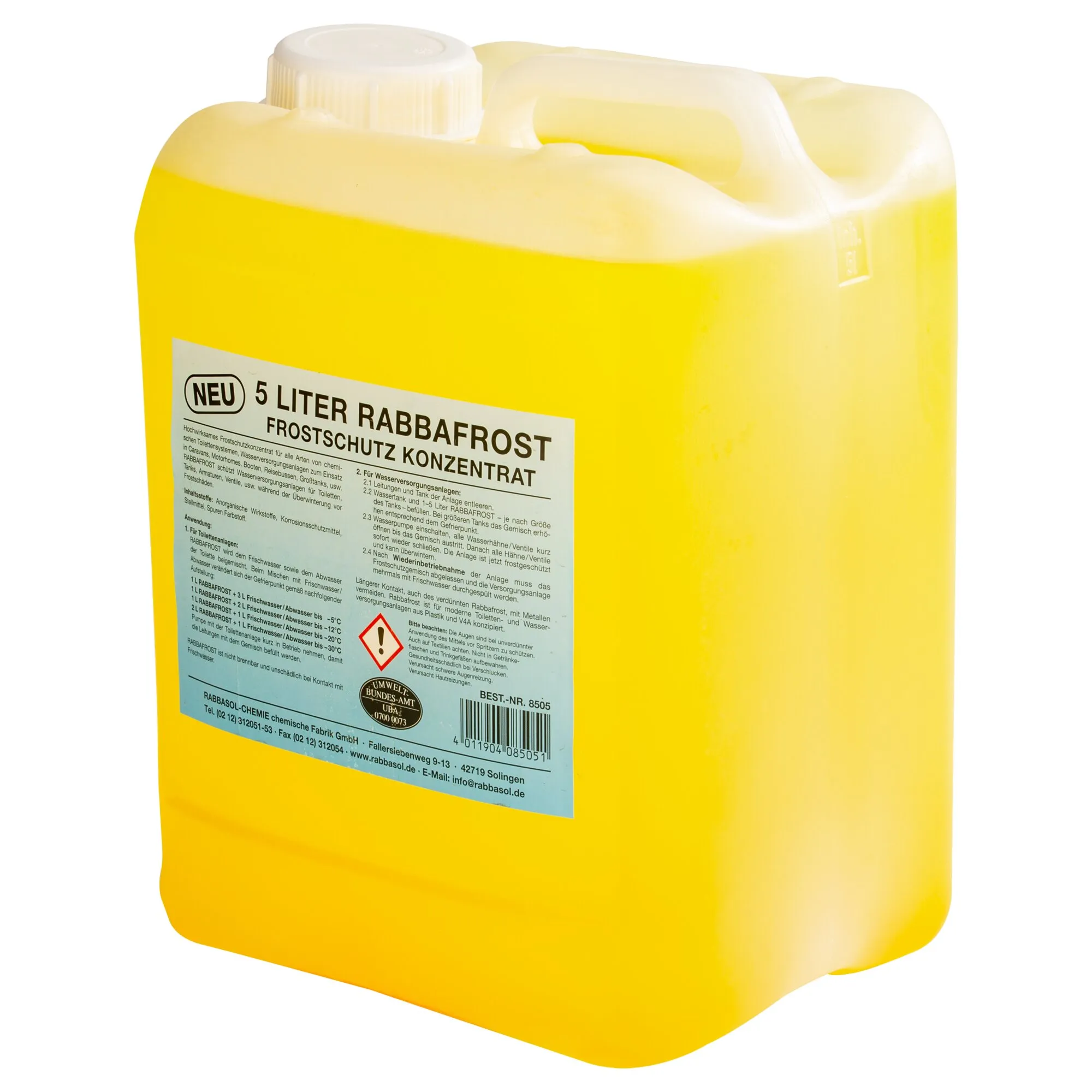 Gelber 5-Liter-Kunststoffkanister Rabbafrost Frostschutzkonzentrat mit weißem Schraubverschluss und Tragegriff