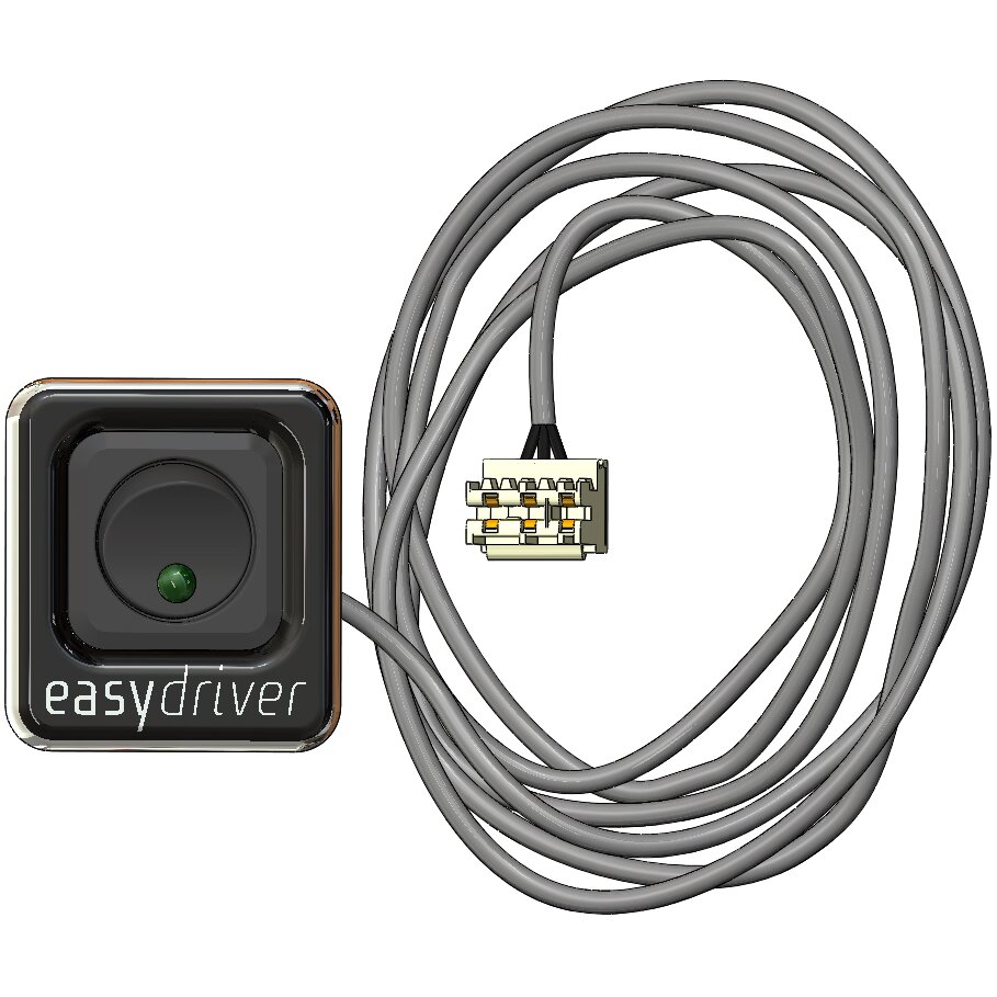 Kleiner quadratischer schwarzer externer Schalter mit grüner LED, graues Kabel und Mehrpol-Stecker, sichtbar für easydriver