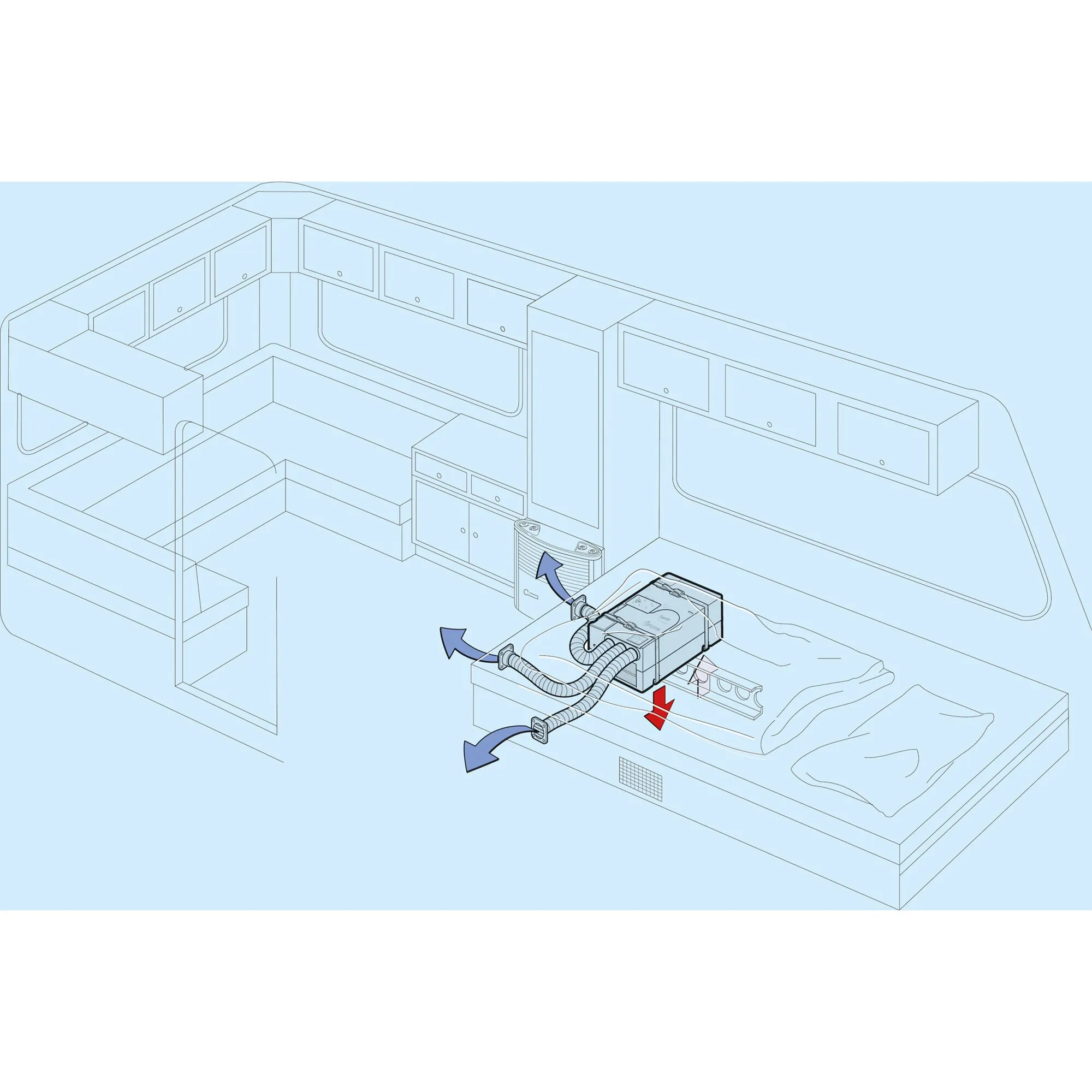 Saphir Easy-Set für Truma Saphir mit Luftschläuchen, dargestellt beim Einbau unter dem Bett eines Wohnmobils