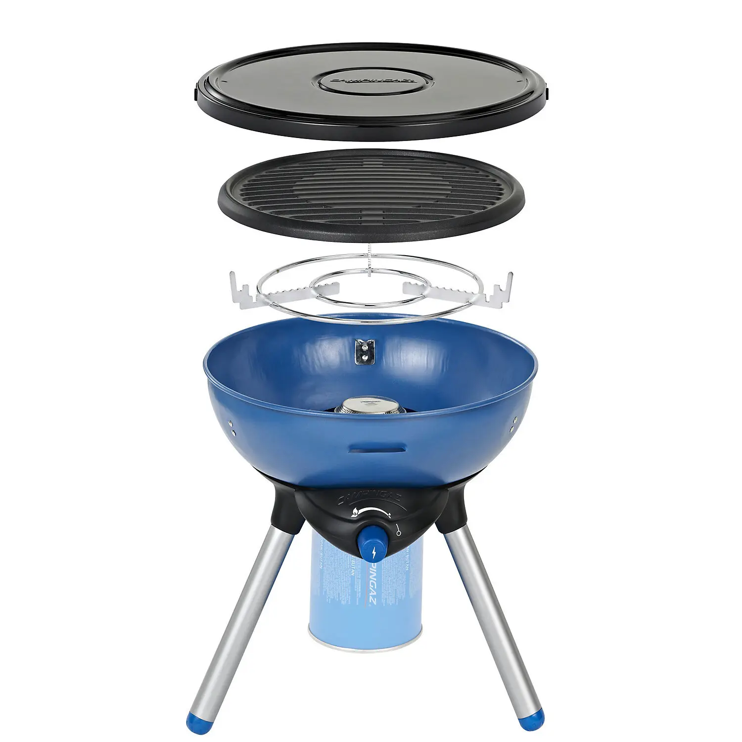 Zerlegte Ansicht des Party Grill 200 CV: schwarzer Deckel, Grillrost, innere Ringschale, Halterungen, blaue emaillierte Kugel und Gasflasche mit drei Beinen
