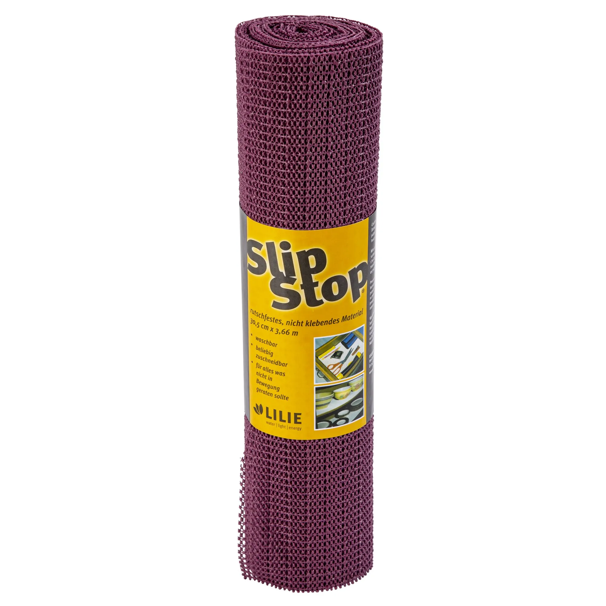 Aufgerollte brombeerfarbene Antirutschmatte mit wabenförmiger Struktur und gelber Slip-Stop-Verpackung