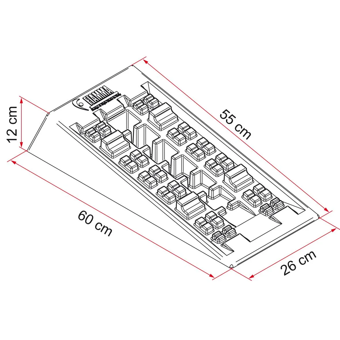 Technische Zeichnung eines schwarzen Auffahrkeils mit Stufenprofil, 60 cm Länge, 26 cm Breite und 12 cm Höhe, mit Maßangaben