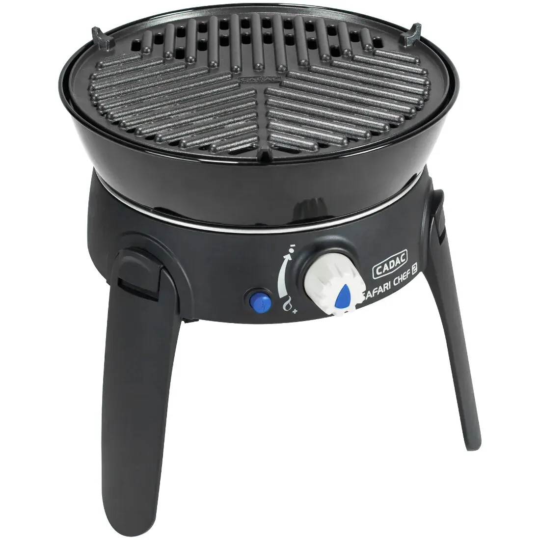 Schwarzer, runder Gasgrill Cadac Safari Chef 30 mit Grillrost, drei Standbeinen, Drehregler und Zündknopf, 50 mbar