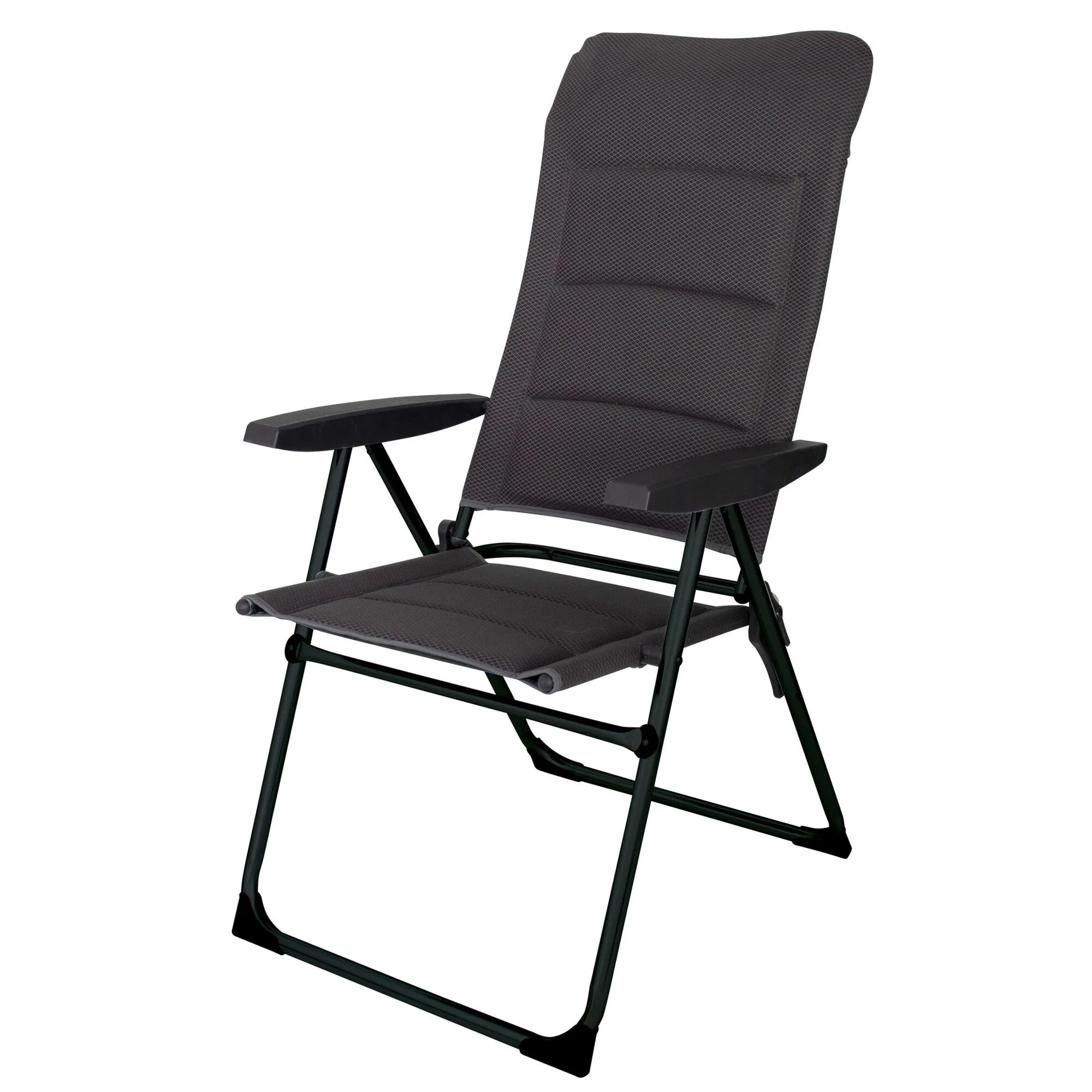 Schwarzer Campingklappstuhl Kendal Canyon High mit hoher Rückenlehne, Armlehnen, Fußstütze und klappbarem Metallgestell