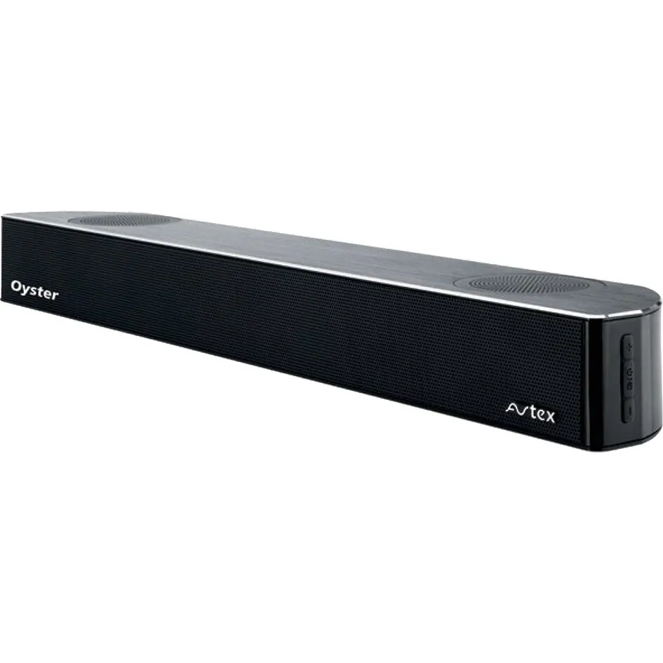 Oyster® Soundbar von Avtex in Schwarz mit Metallgitter, seitlichen Anschlüssen und zwei Lautsprechergittern auf der Oberseite