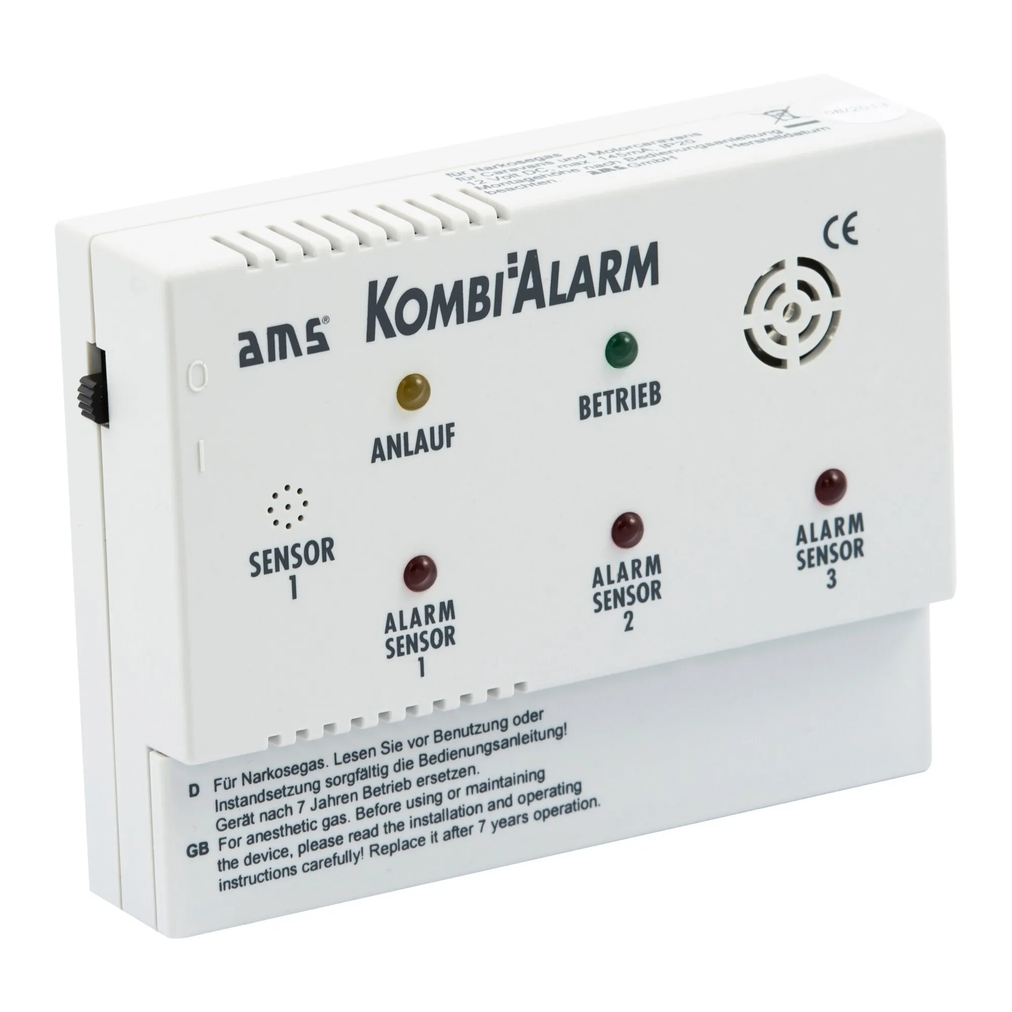 Weißes rechteckiges Kombi-Alarm-Gaswarnsystem von AMS mit drei Sensor-Alarmanzeigen, Betriebs- und Anlaufleuchten sowie Signalgeber 
