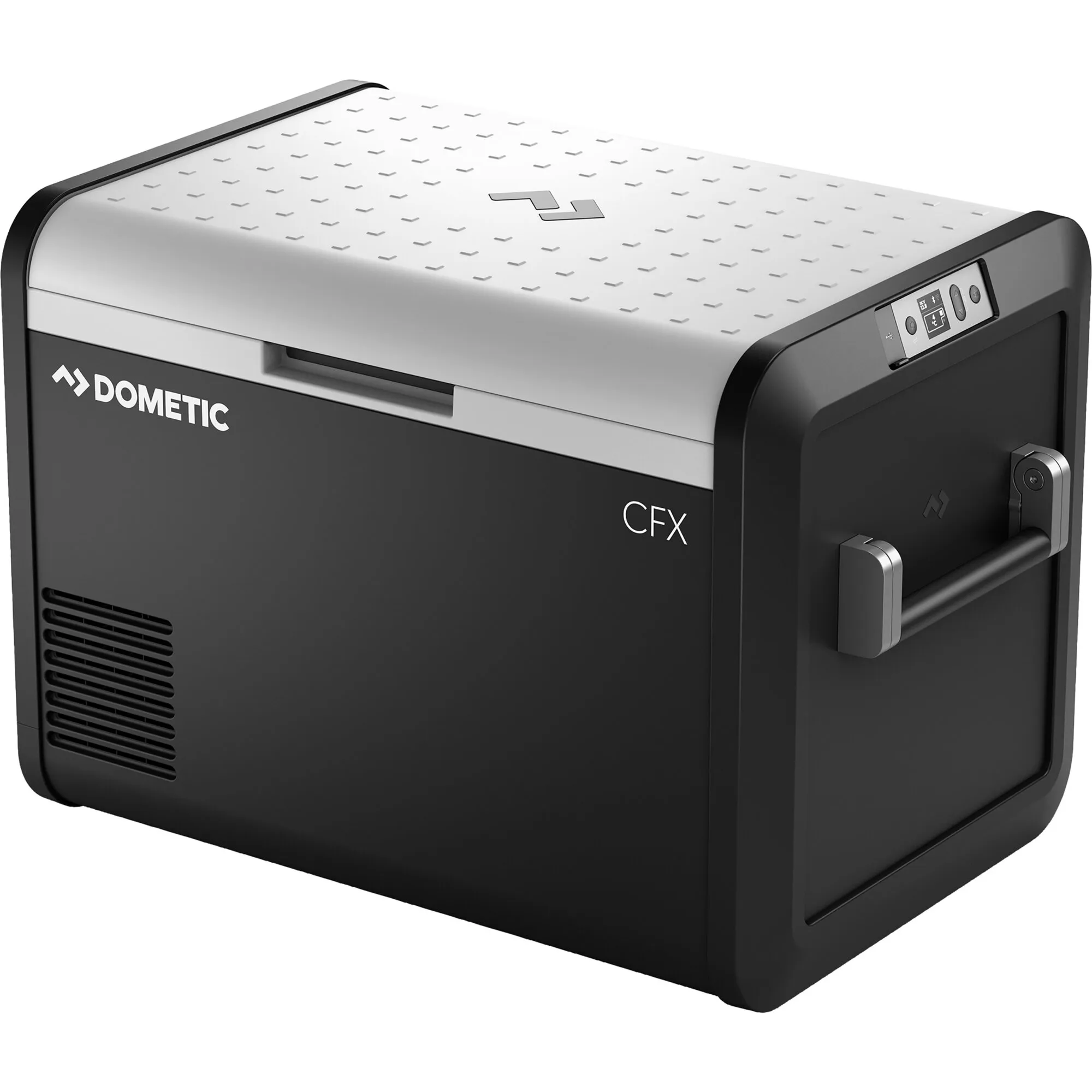 Schwarze Dometic Kühlbox CoolFreeze CFX3 55IM in Dreiviertelansicht mit grauem Deckel, Display, Tragegriff und Lüftungsgitter