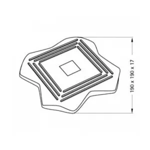 Technische Zeichnung einer quadratischen Stützplatte mit abgerundeten Ecken, Rahmenrillen und zentraler Aussparung, 190 × 190 × 17 mm