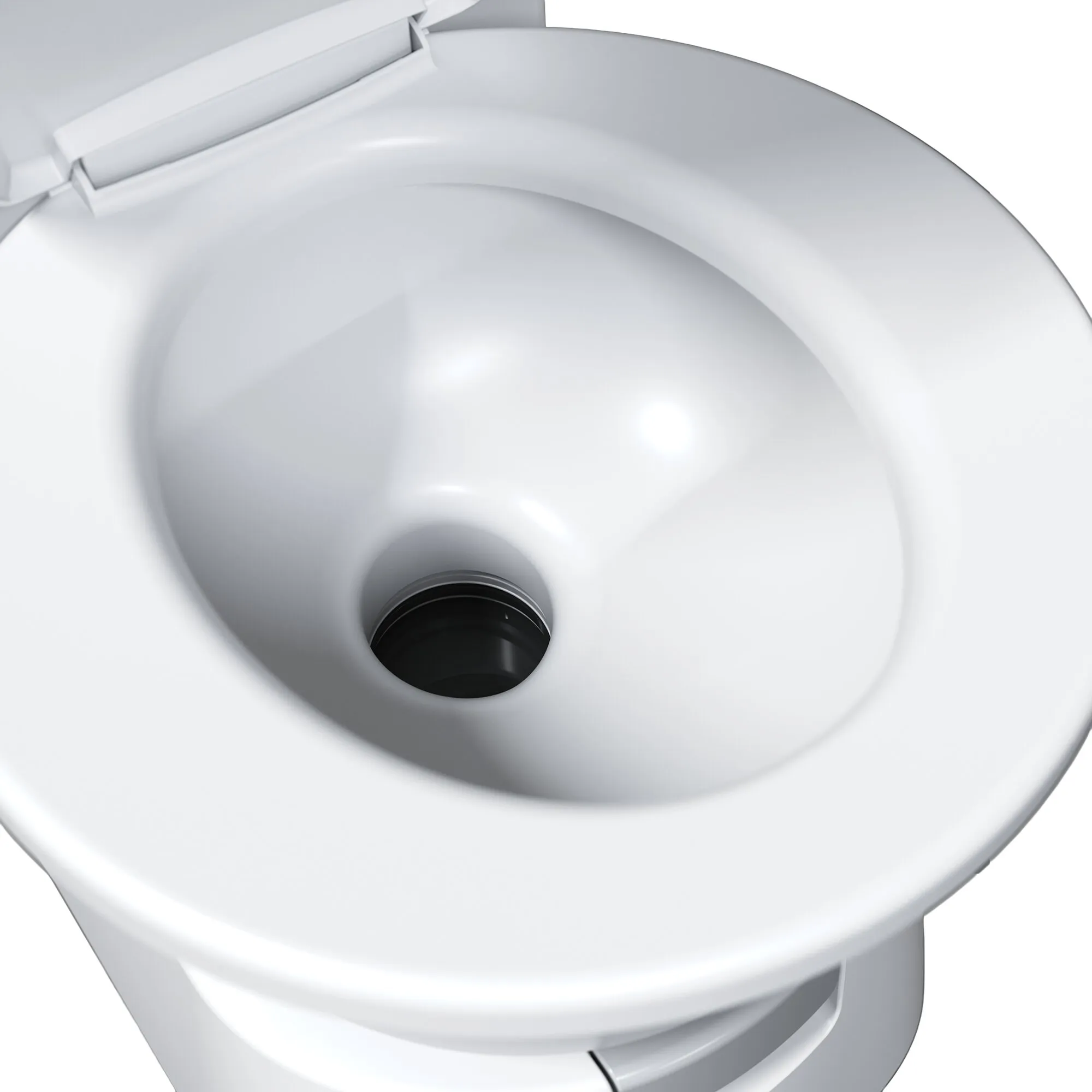 Nahaufnahme eines weißen Kassettentoilettenbeckens von oben: rundes Becken, dunkler Abfluss, sichtbare Deckelhalterung am Rand