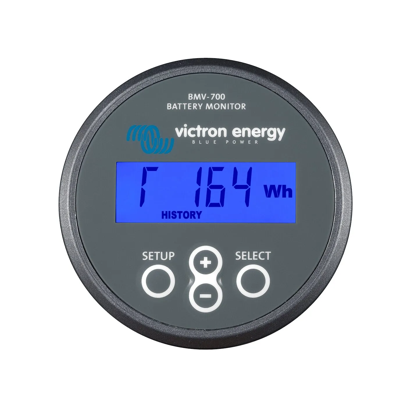 Runder schwarzer Victron Energy Batterie-Überwachungscomputer BMV-700 mit blauem Display, Anzeige 164 Wh und Bedientasten