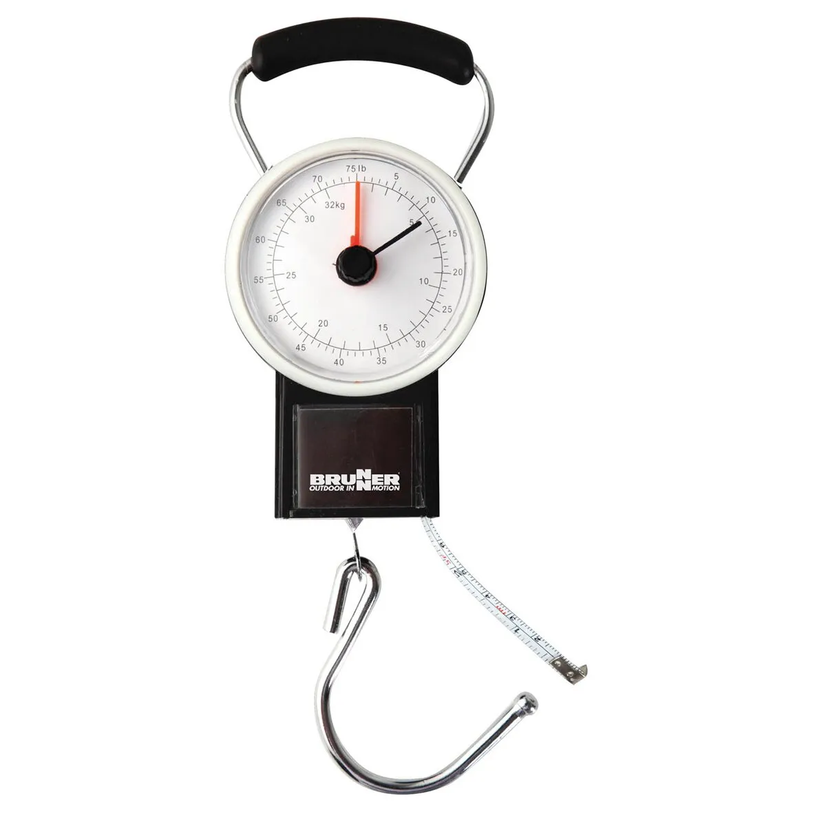 Brunner Gasflaschen-Federwaage bis 34 kg mit schwarzem Griff, Rundskala, Haken und ausziehbarem Maßband