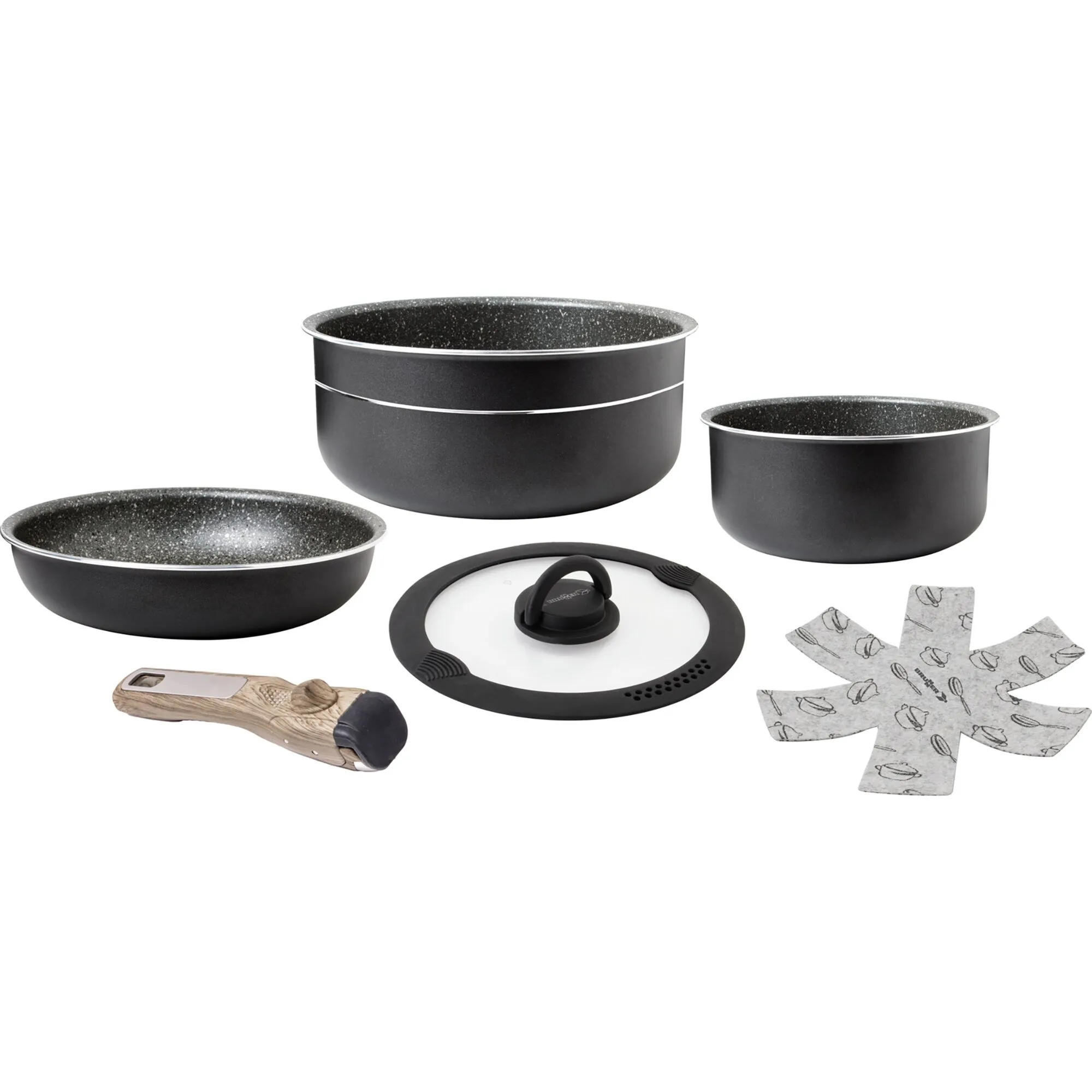 Kochtopf-Set Pirate Spacemaster in Schwarz mit drei Töpfen, Glasdeckel, abnehmbarem Griff und Küchenutensilien