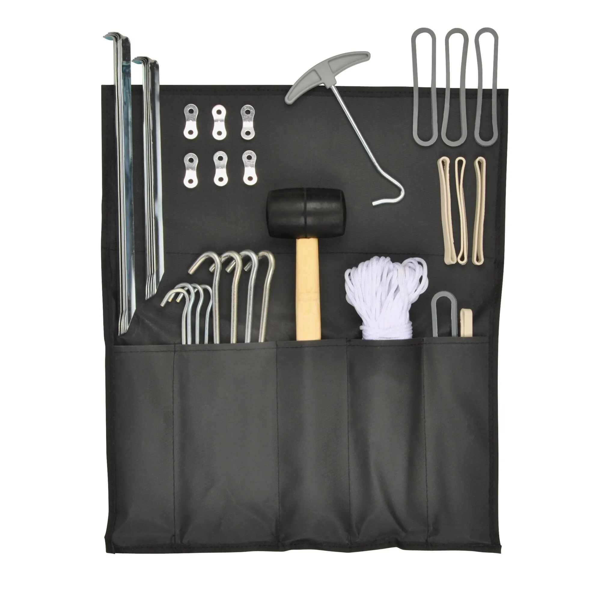 34-teiliges Zeltzubehörset in schwarzer Werkzeugtasche mit Heringen, Abspannseilen, Gummihammer, Haken und Befestigungsteilen