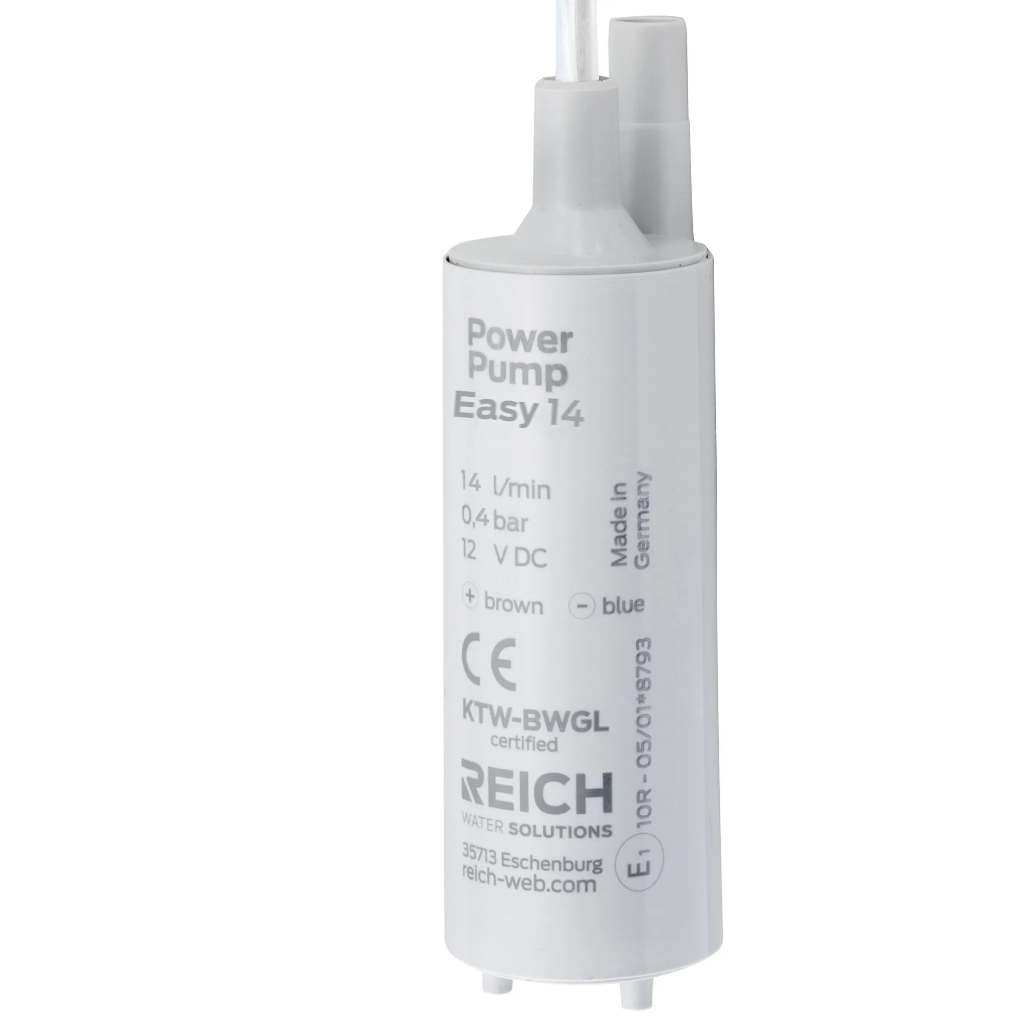 Weiße zylindrische Tauchpumpe Power Pump Easy 14 von Reich mit Anschlussstutzen, 12 V Gleichstrom und 14 l/min Förderleistung