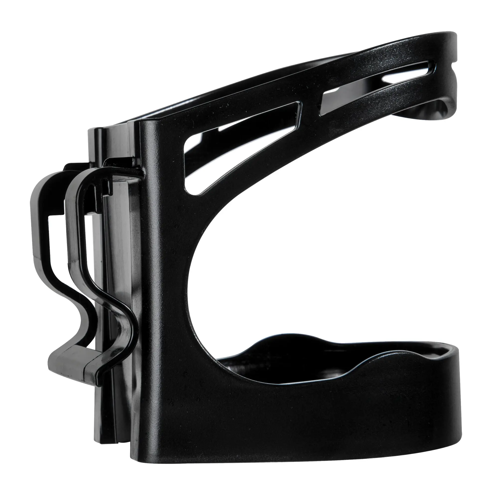 Nahaufnahme des schwarzen Bottle Butler Getränkehalters, Detail des oberen Tragrams mit Aussparungen und Clips, sichtbare Oberfläche