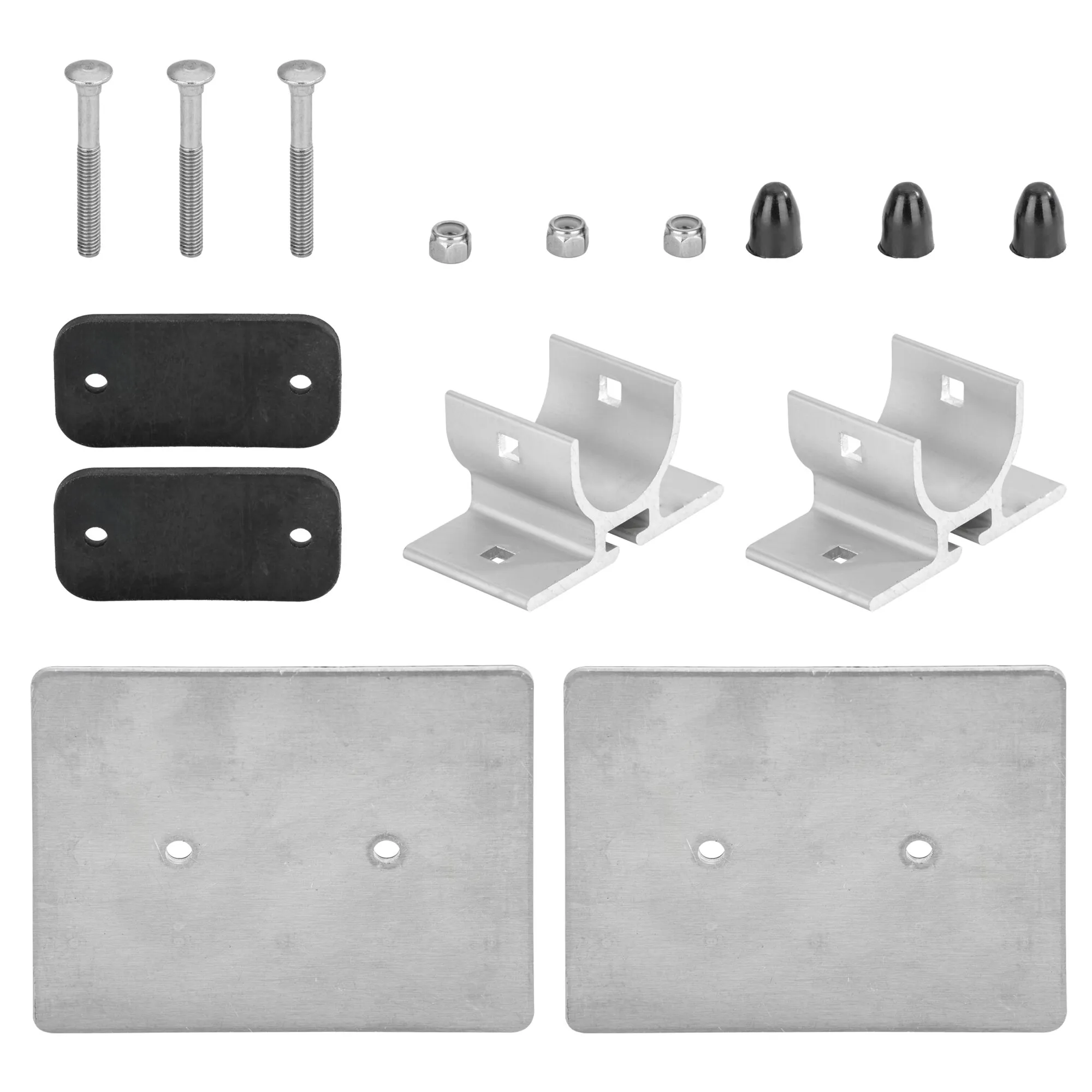 Untere Halterung Carry-Bike Lift 77 mit zwei Aluminiumplatten, Profilhaltern, schwarzen Auflagen, Schrauben, Muttern und Abdeckkappen