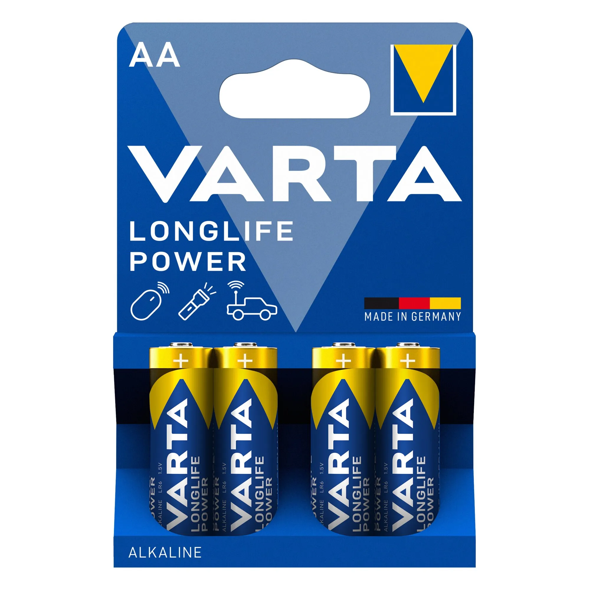 Varta Longlife Power AA BL4: Vier gold-blaue alkalische 1,5-Volt-Batterien in einer blauen Verpackung mit Aufsteller und Made in Germany-Hinweis