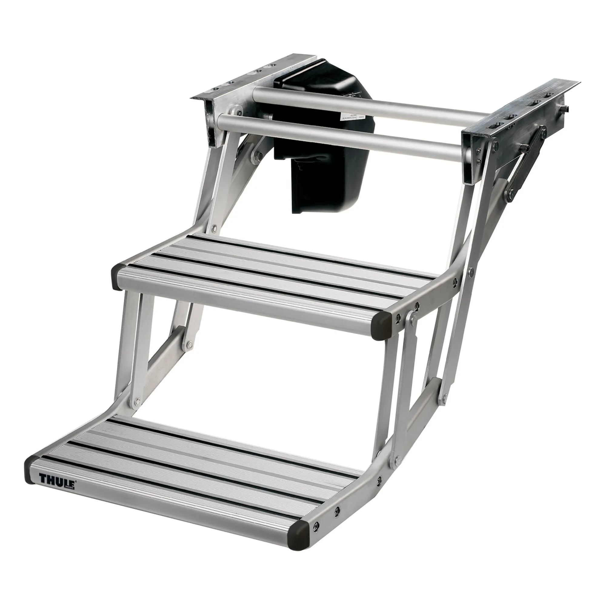 Thule Double Step 12V, ausklappbare zweistufige Trittstufe aus Aluminium mit geriffelten Auftrittsflächen und schwarzer Motorabdeckung