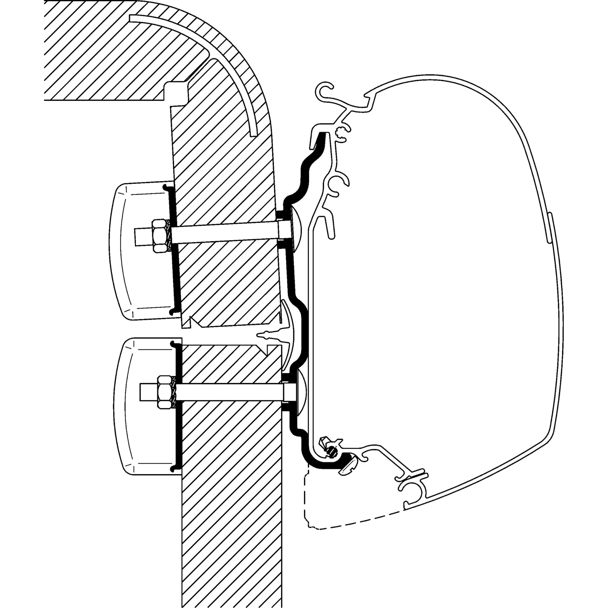 Technische Schnittzeichnung des Adapters für Hymer Exsis und Camp ab Baujahr 2012 zur Montage einer TO-Serie-5- oder 8-Markise Tepp?