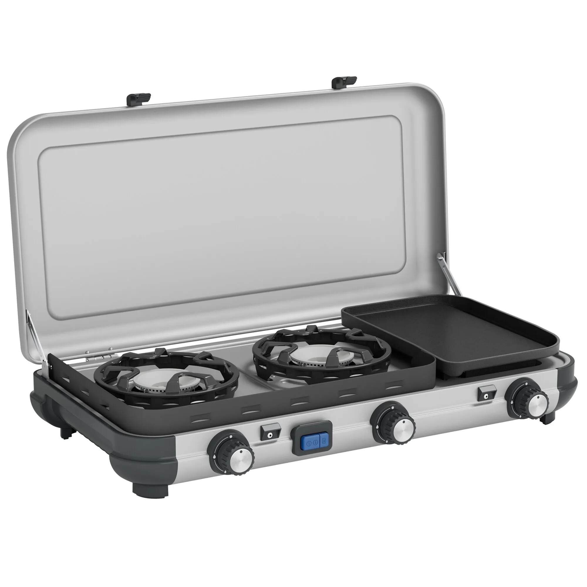 Aufgeklappter grauer Gaskocher Camping Kitchen 2 MULTI-COOK mit zwei Brennern, drei Drehreglern und Grillplatte