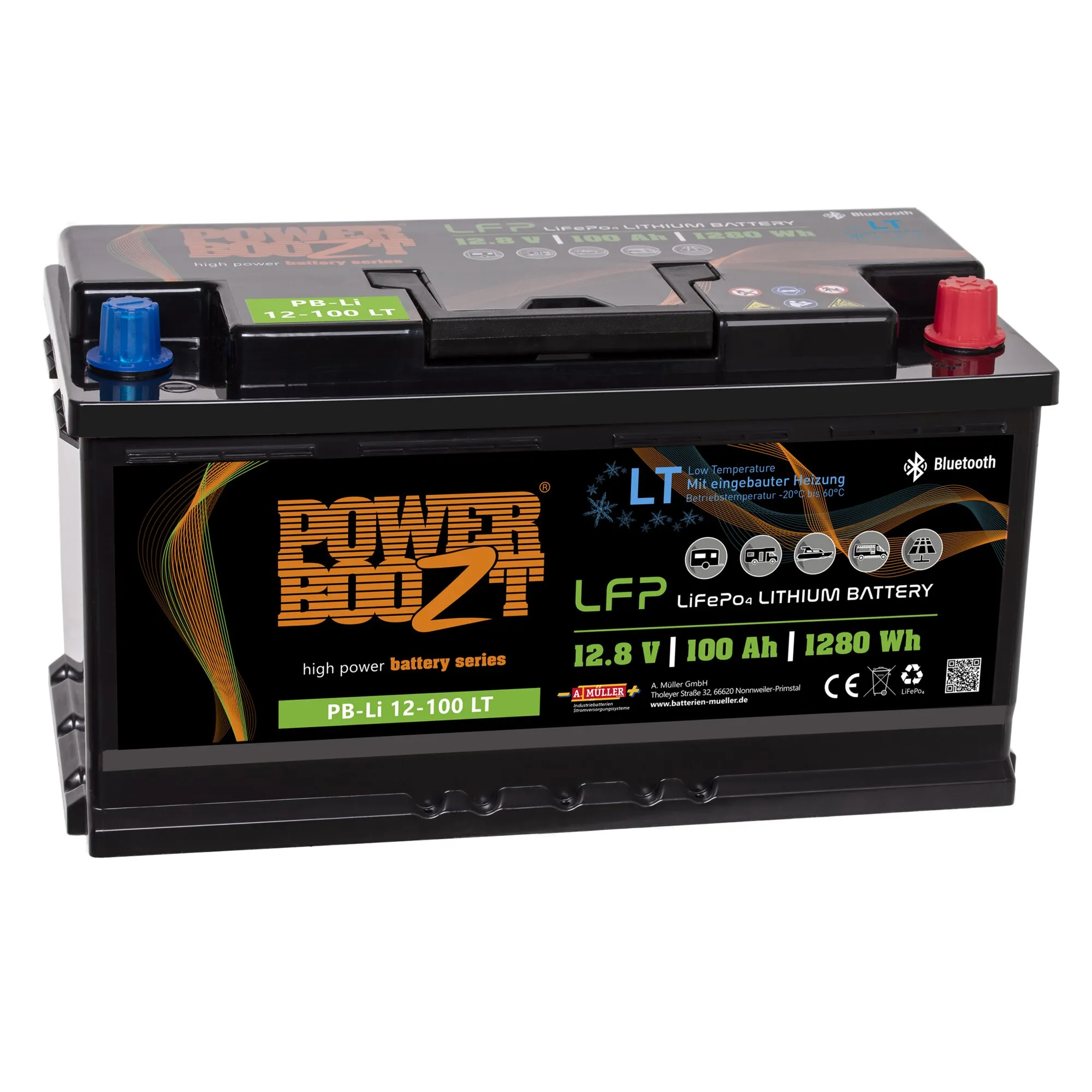 Schwarze Power Queen LiFePO4-Lithiumbatterie mit Tragegriff, 12,8 V, 100 Ah, 1280 Wh, Bluetooth und eingebauter Heizung