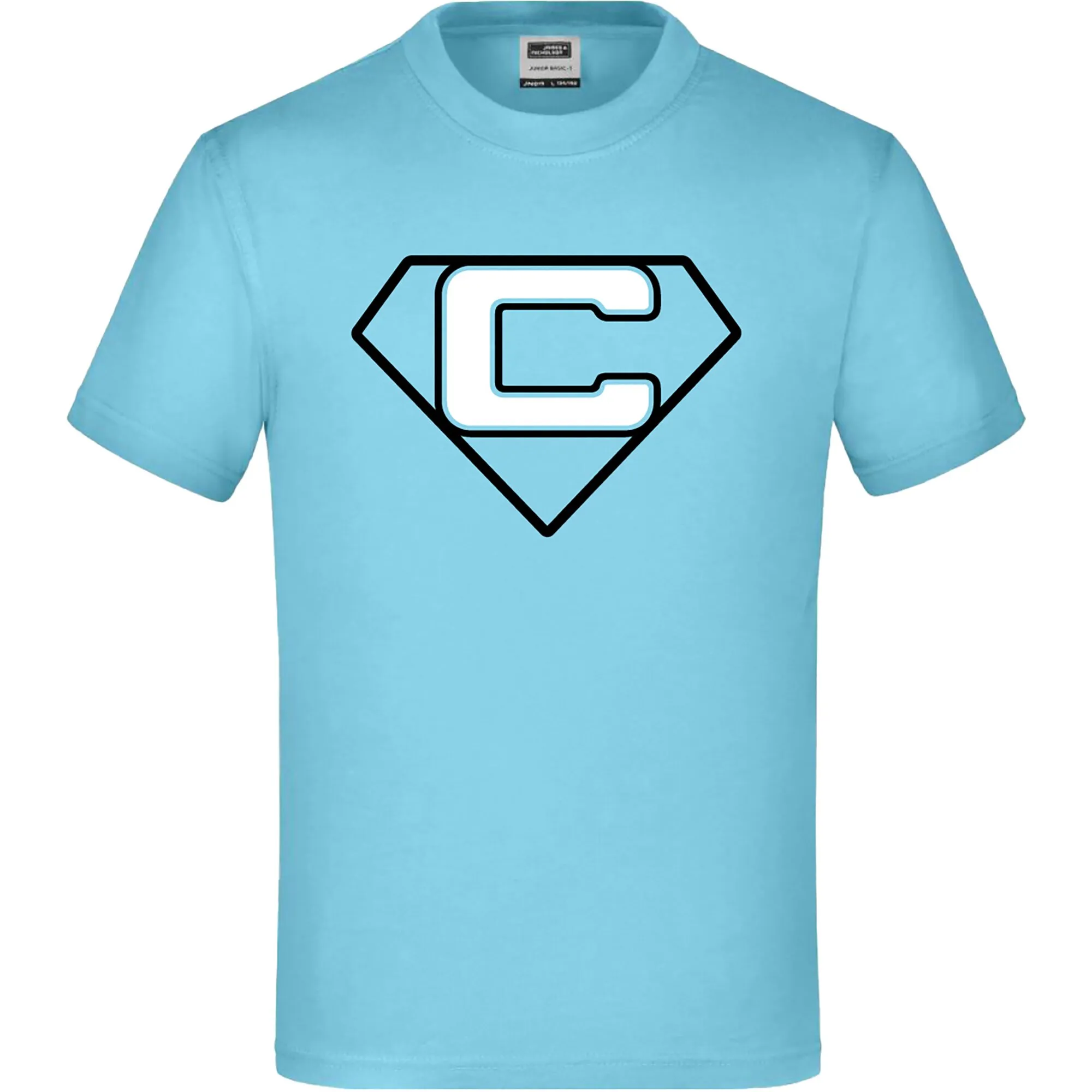 Hellblaues Kinder-T-Shirt mit kurzen Ärmeln und Rundhalsausschnitt, schwarzem Schildmotiv und weißem C-Emblem, Größe 110/116