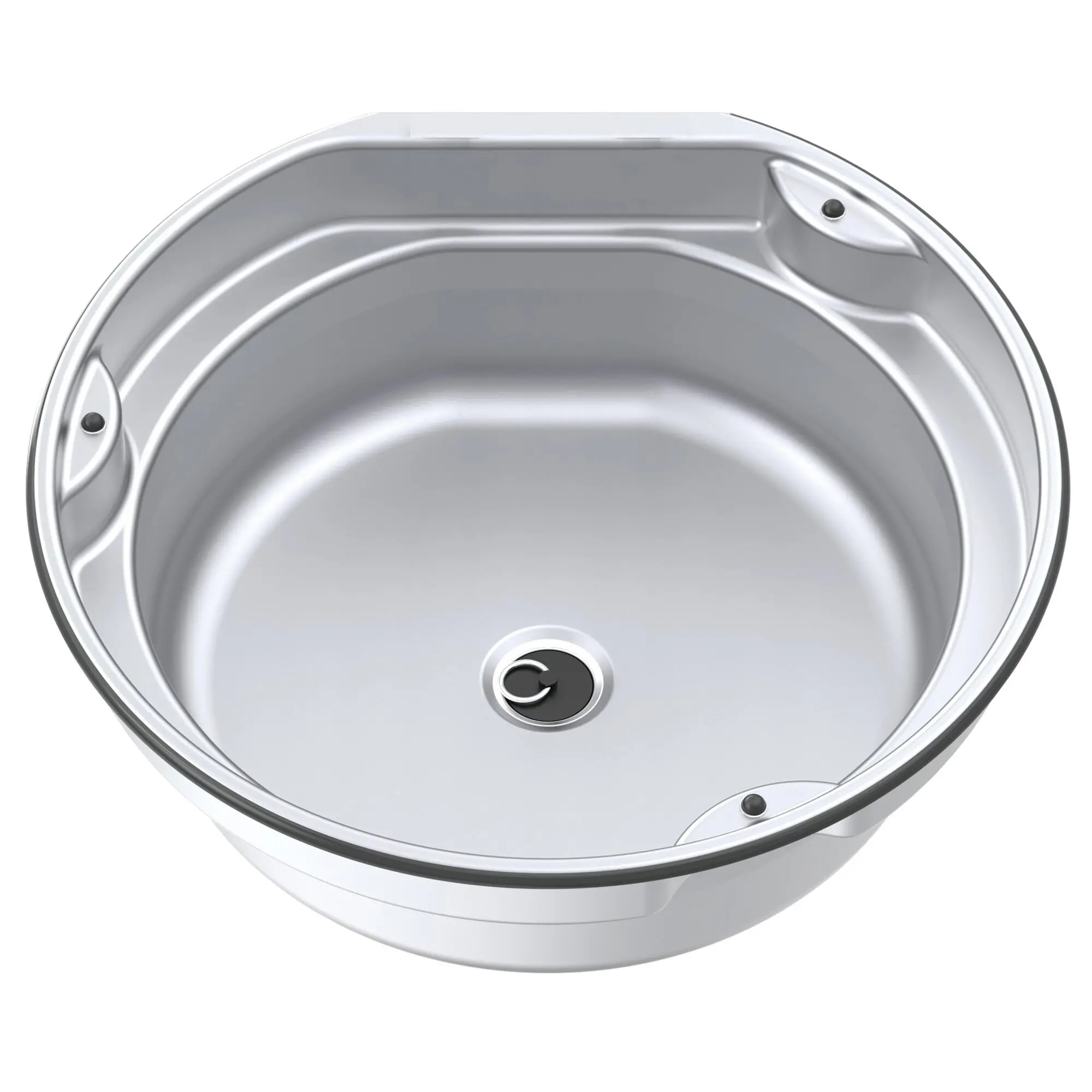 Rundes Edelstahlspülbecken Basic Line 30, Innenansicht mit glatter Innenfläche, zentraler Abfluss und sichtbare Befestigungselemente am Rand