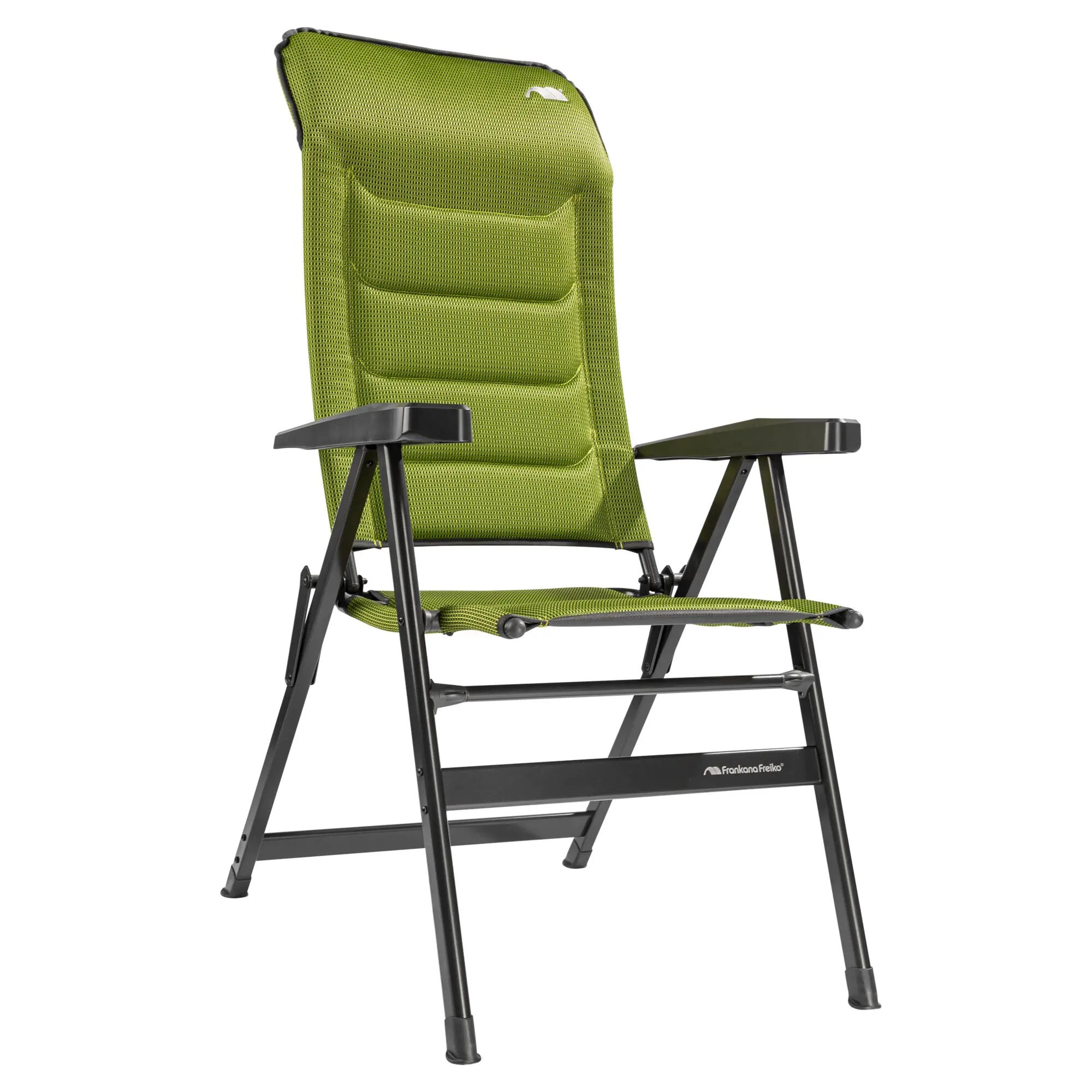 Hellgrüner Campingstuhl HighQ Basic mit Netzrückenlehne, schwarzem Gestell und Armlehnen; an der Rückenlehne ist eine kleine Tasche sichtbar