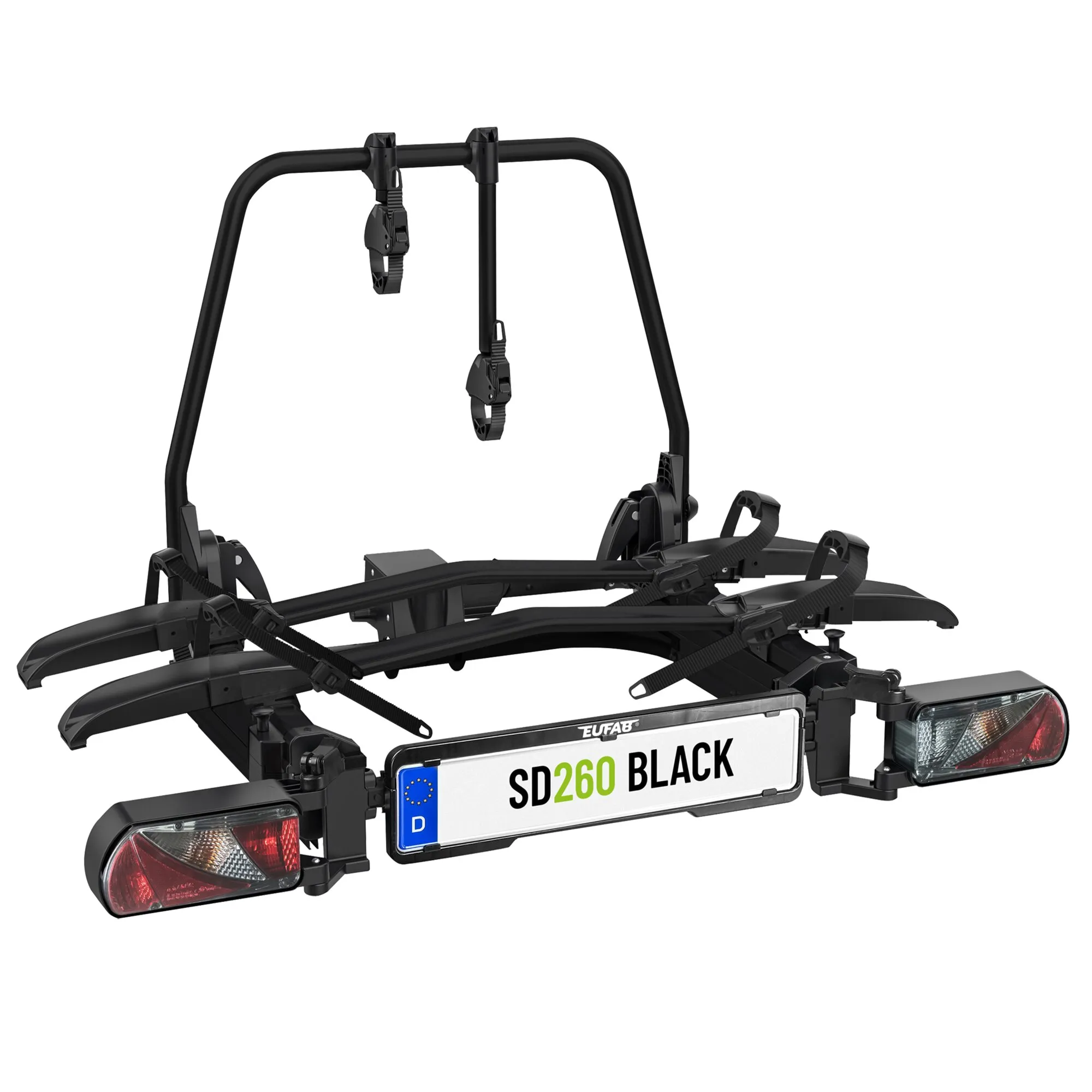 Schwarzer Fahrradträger für die Anhängerkupplung Eufab SD260 mit zwei Fahrradschienen, Haltearmen, Spanngurten und Rückleuchten