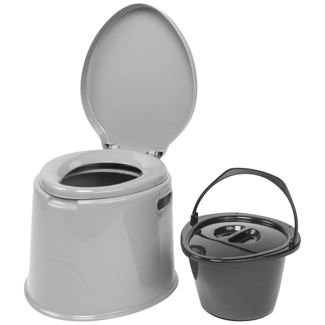 Graue Eimertoilette Optitoil mit geöffnetem Deckel und herausnehmbarem schwarzen Eimer mit Tragegriff