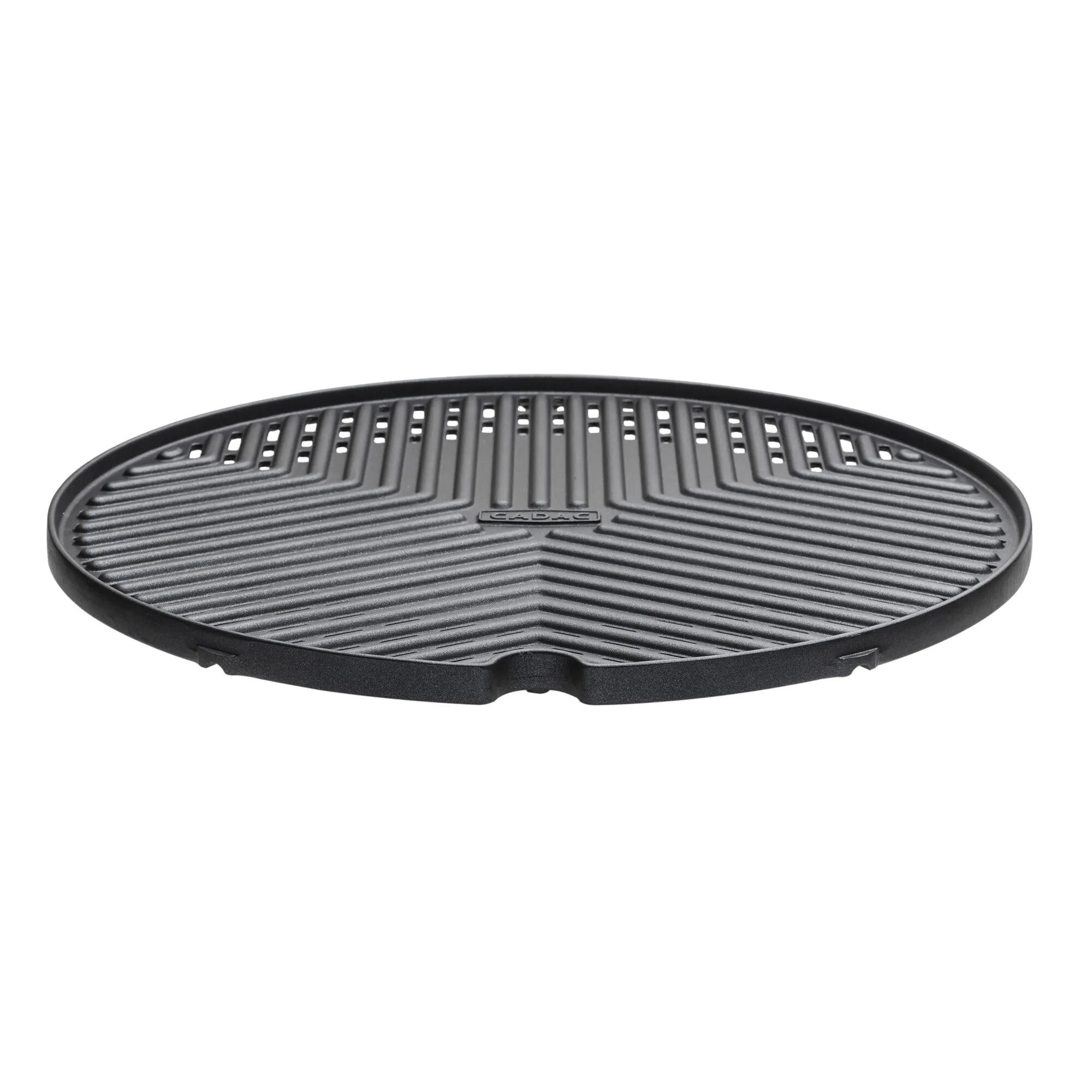 Schwarzer runder Grillrost BBQ Grid aus Metall mit erhöhtem Rand, Grillrippen, Lüftungsöffnungen und CADAC-Logo