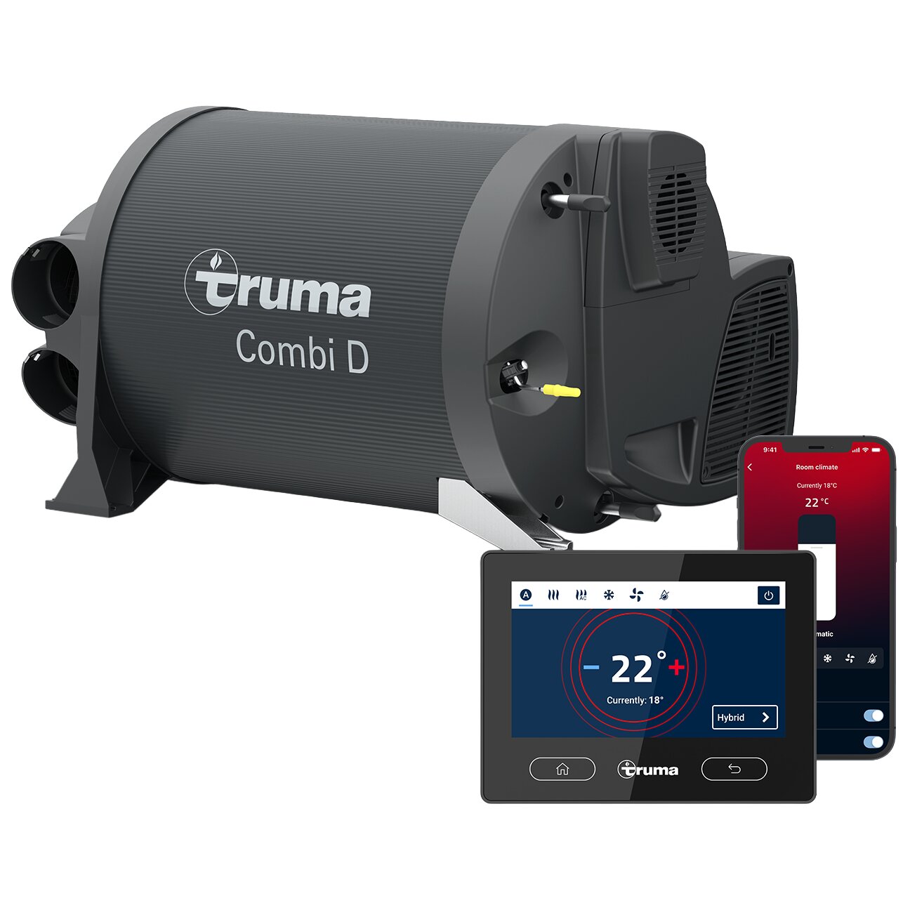 Truma Combi D Heizungs- und Warmwasserboiler in dunklem Grau, runde Form mit seitlichen Anschlüssen, Steuerpanel und Tablet-App-Bedienung