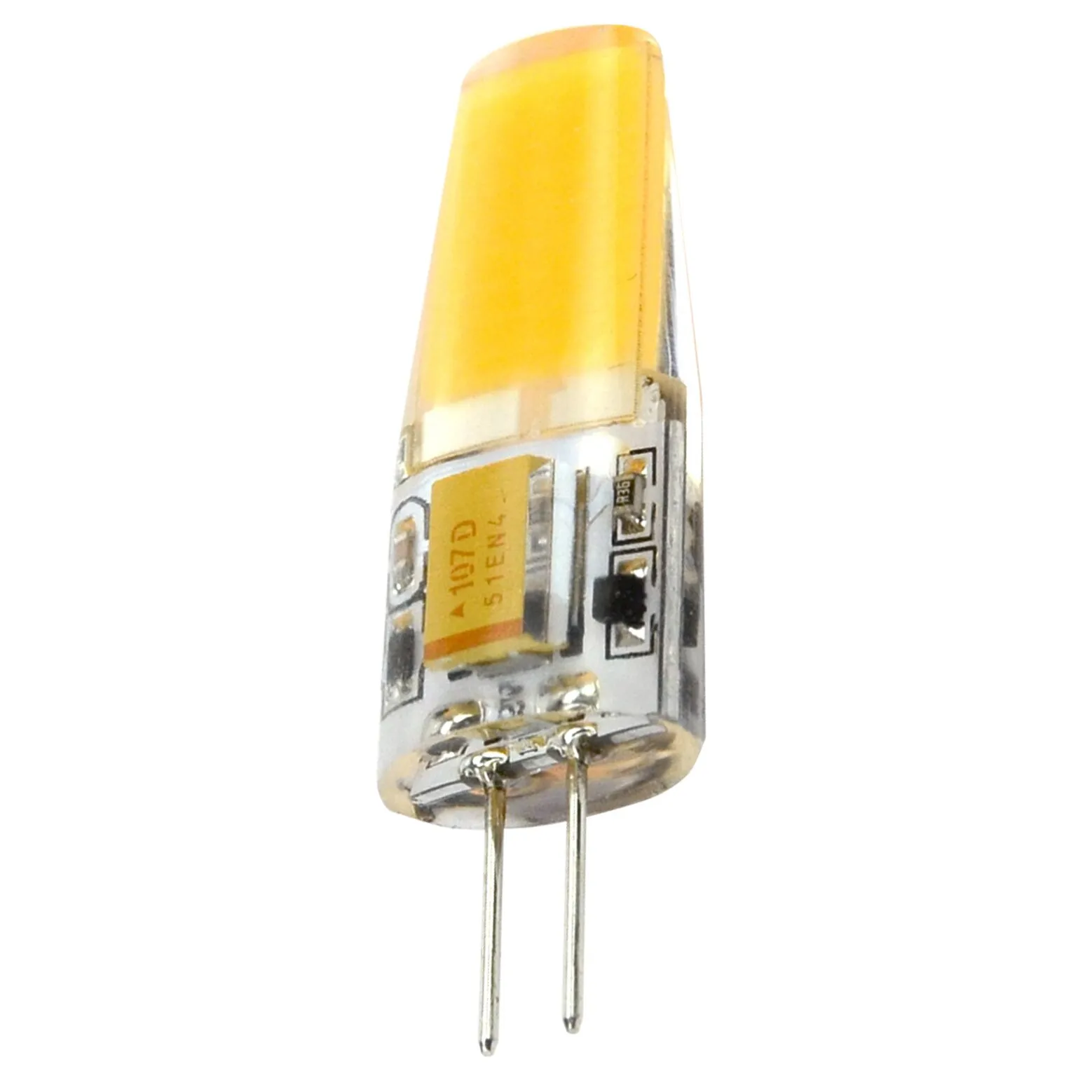 LED-Leuchtmittel G4 mit 2,50 W, zylindrischem gelbem Silikonkörper und zwei Metallstiften unerquicklich