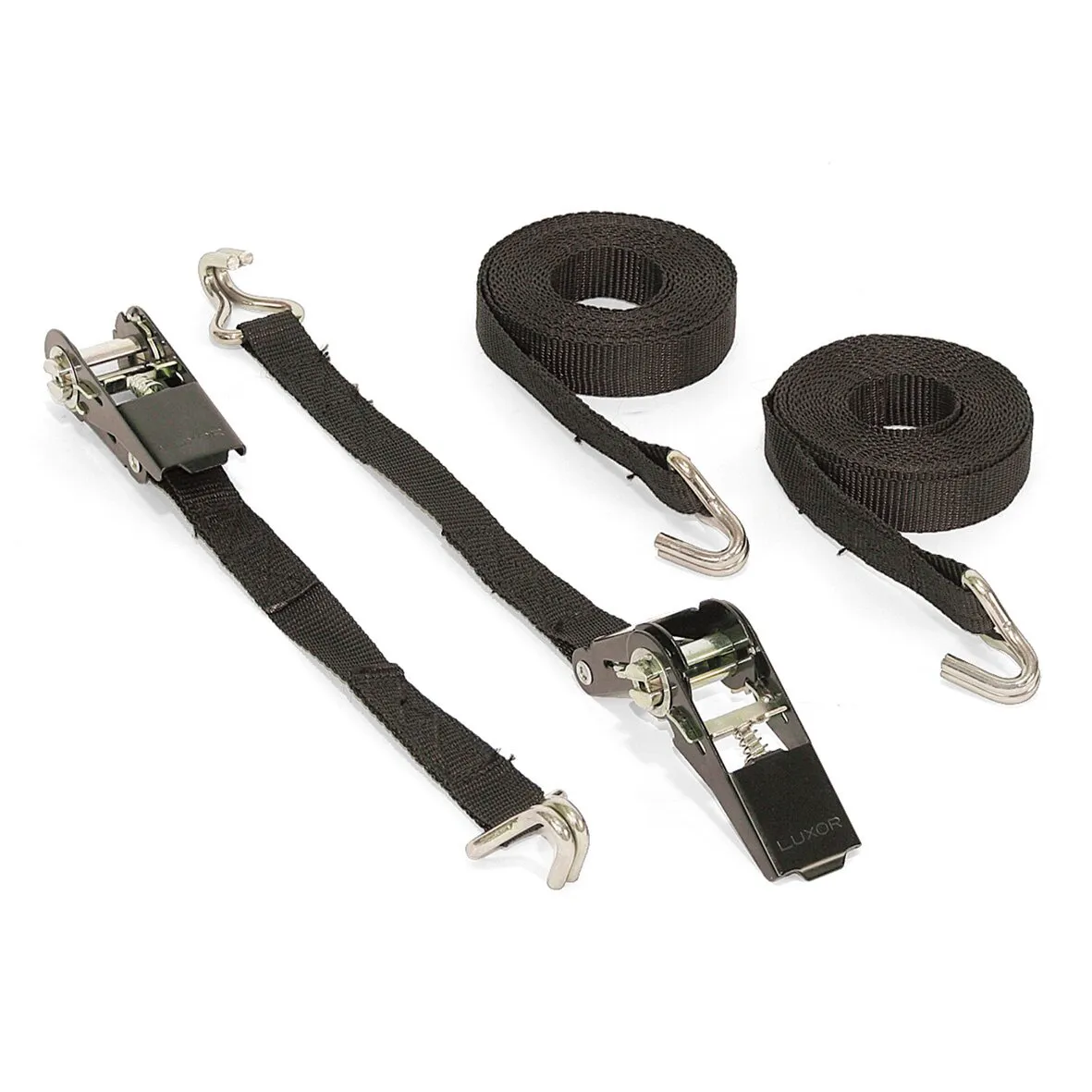 Schwarzes Spanngurt-Set des Schienensystems Garage Carry Moto mit zwei Ratschen und vier Metallhaken