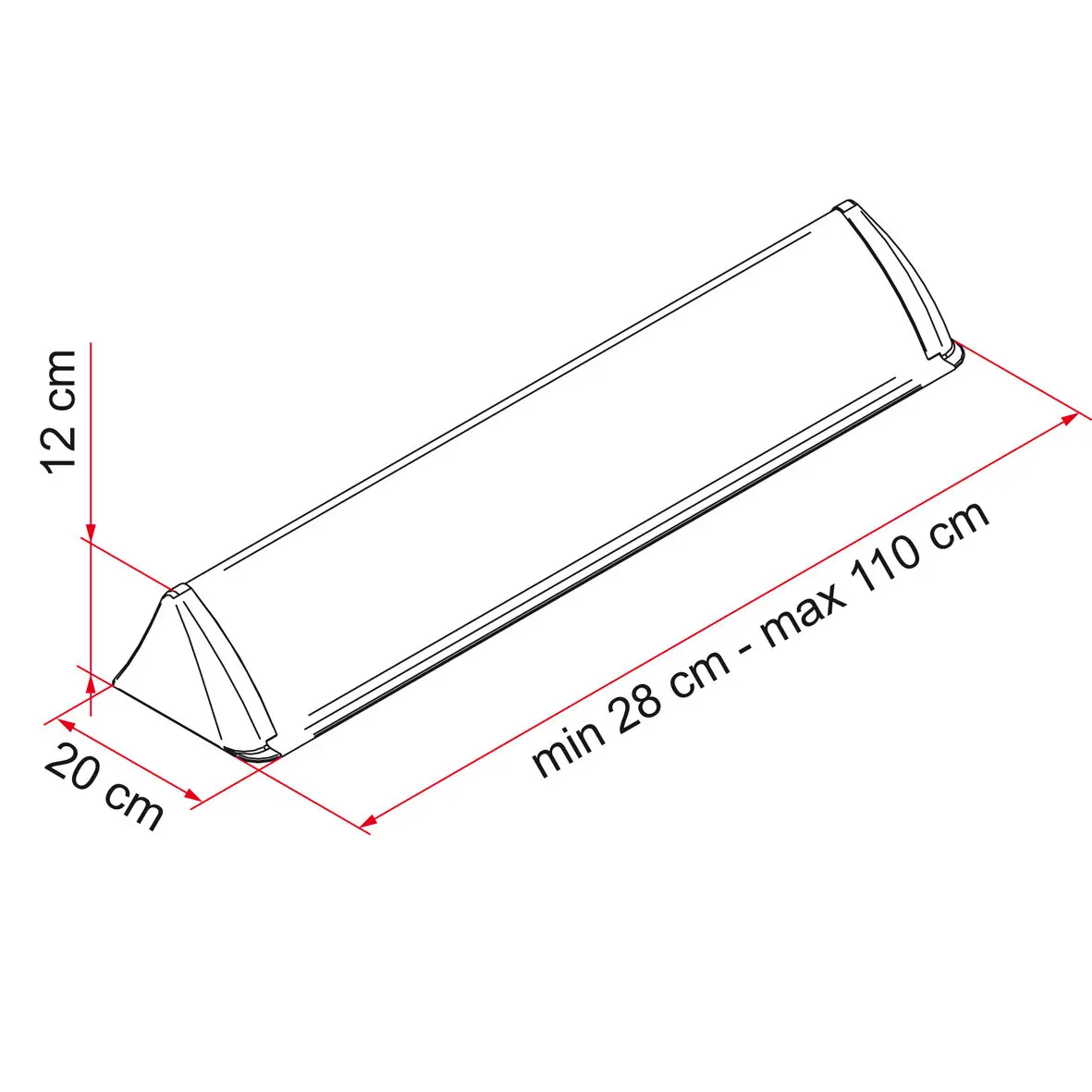 Spoiler Universal für Dachhauben, längliches Bauteil mit verstellbarer Länge von 28 bis 110 cm, Höhe 12 cm und Tiefe 20 cm