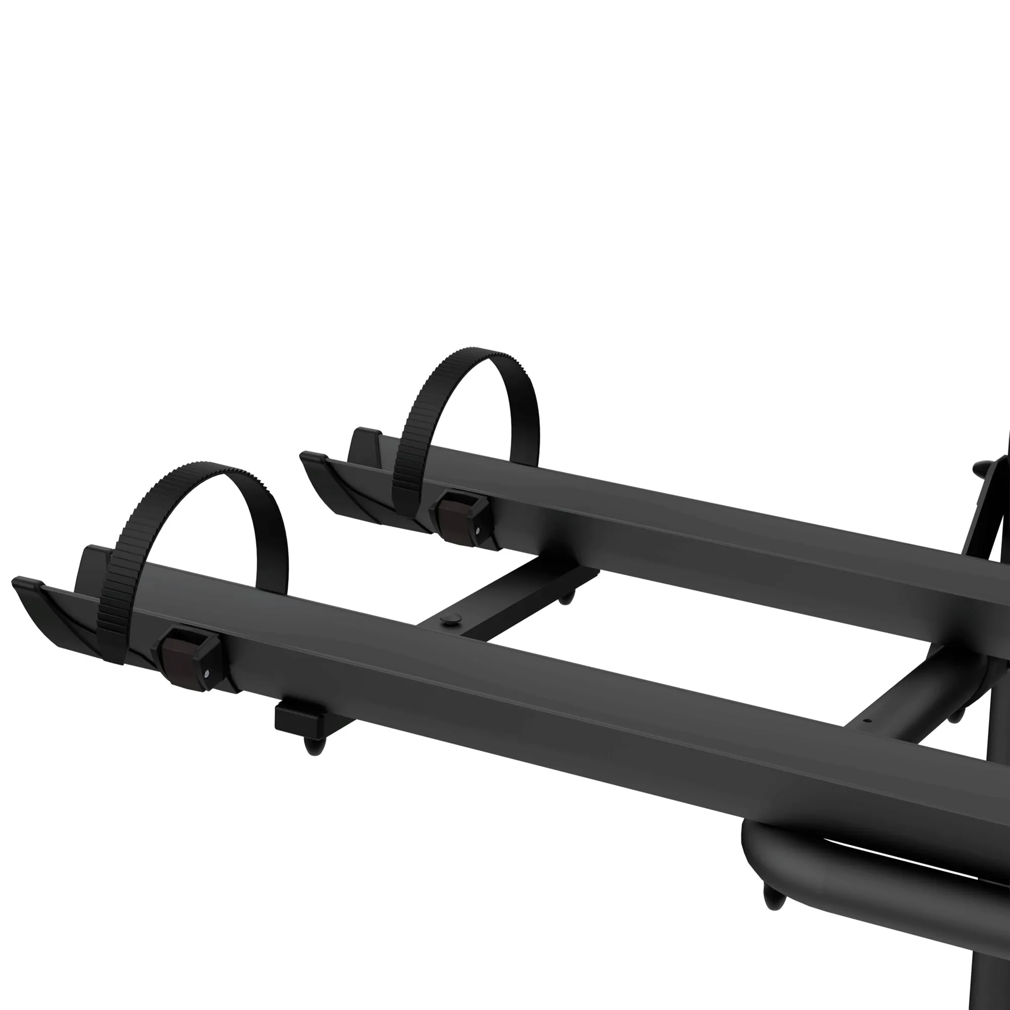 Schwarzer Grundträger Carry-Bike Frame mit zwei Fahrradschienen, Reifenhaltern und geriffelten Befestigungsriemen in Detailansicht