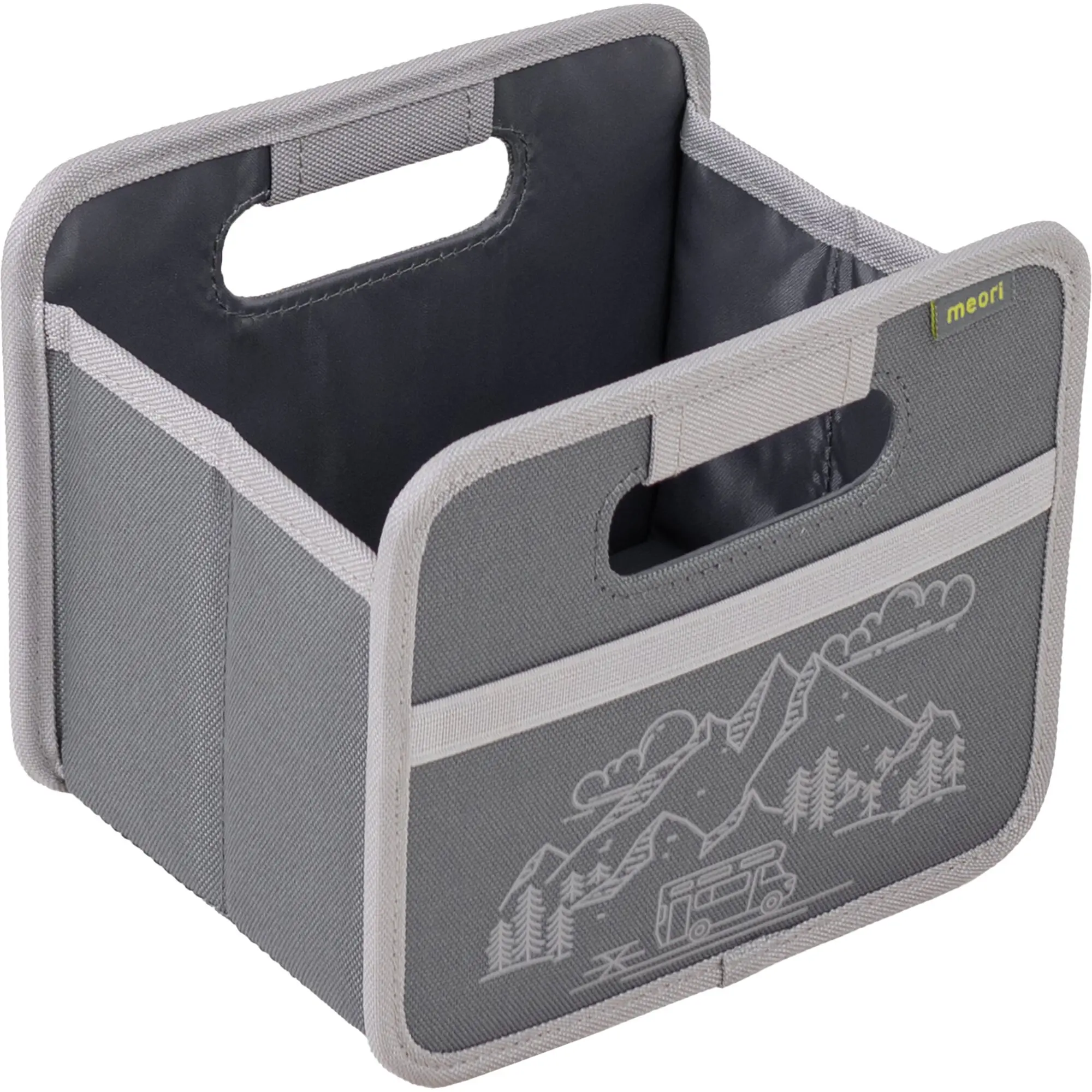 Detailansicht einer grauen meori Mini Faltbox in Granite Grey mit Grifföffnung an der Oberkante, hellgrauem Rand und dunklem Innenraum