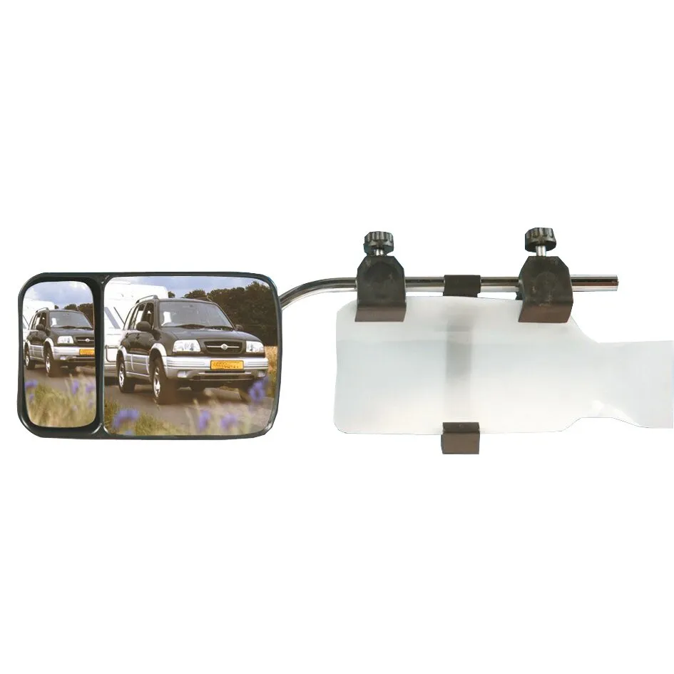 Schwarzer Caravanspiegel Scope mit geteiltem Weitwinkelspiegel, Metallstange und zwei verstellbaren Klemmhalterungen
