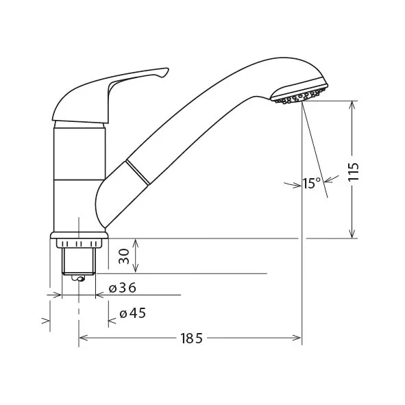 Technische Seitenansicht des Einhebelmischers Kama mit Brause Julia, inklusive Maßangaben 185 mm Ausladung und 115 mm Höhe
