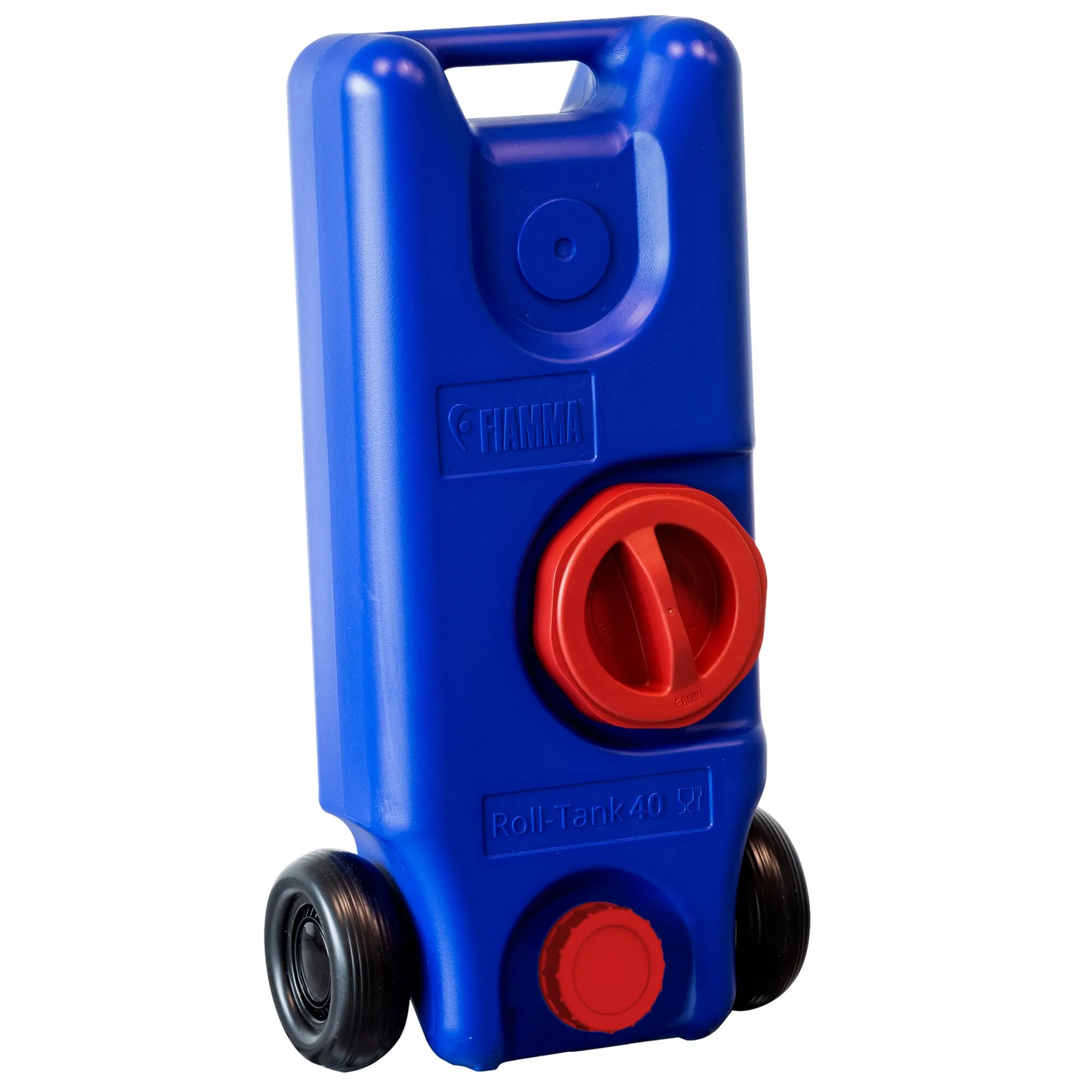 Blauer Frischwasser-Rolltank Fiamma Roll-Tank 40 F mit rotem Verschluss, Tragegriff und zwei schwarzen Rädern