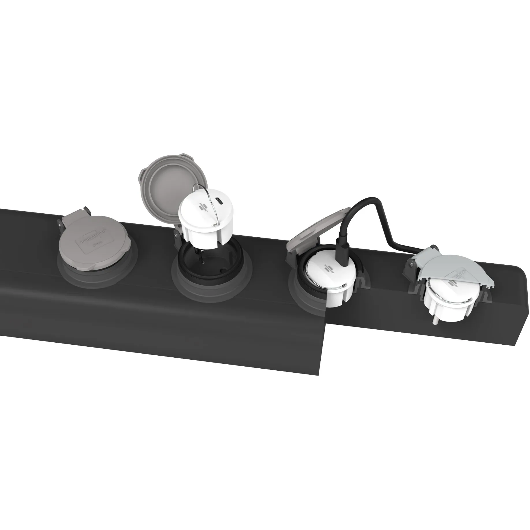 Weiße USB-C-Steckdosenadapter in runden Einbausteckdosen, teils mit Abdeckungen und einmal mit schwarzem USB-C-Kabel veranschaulicht