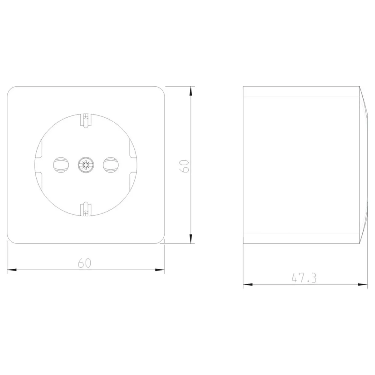 Weiße Aufputz-Schuko-Steckdosenfront mit runder Steckdose in quadratischer Platte, Vorder- und Seitenansicht, Maße 60 × 60 mm, Tiefe 47,3 mm
