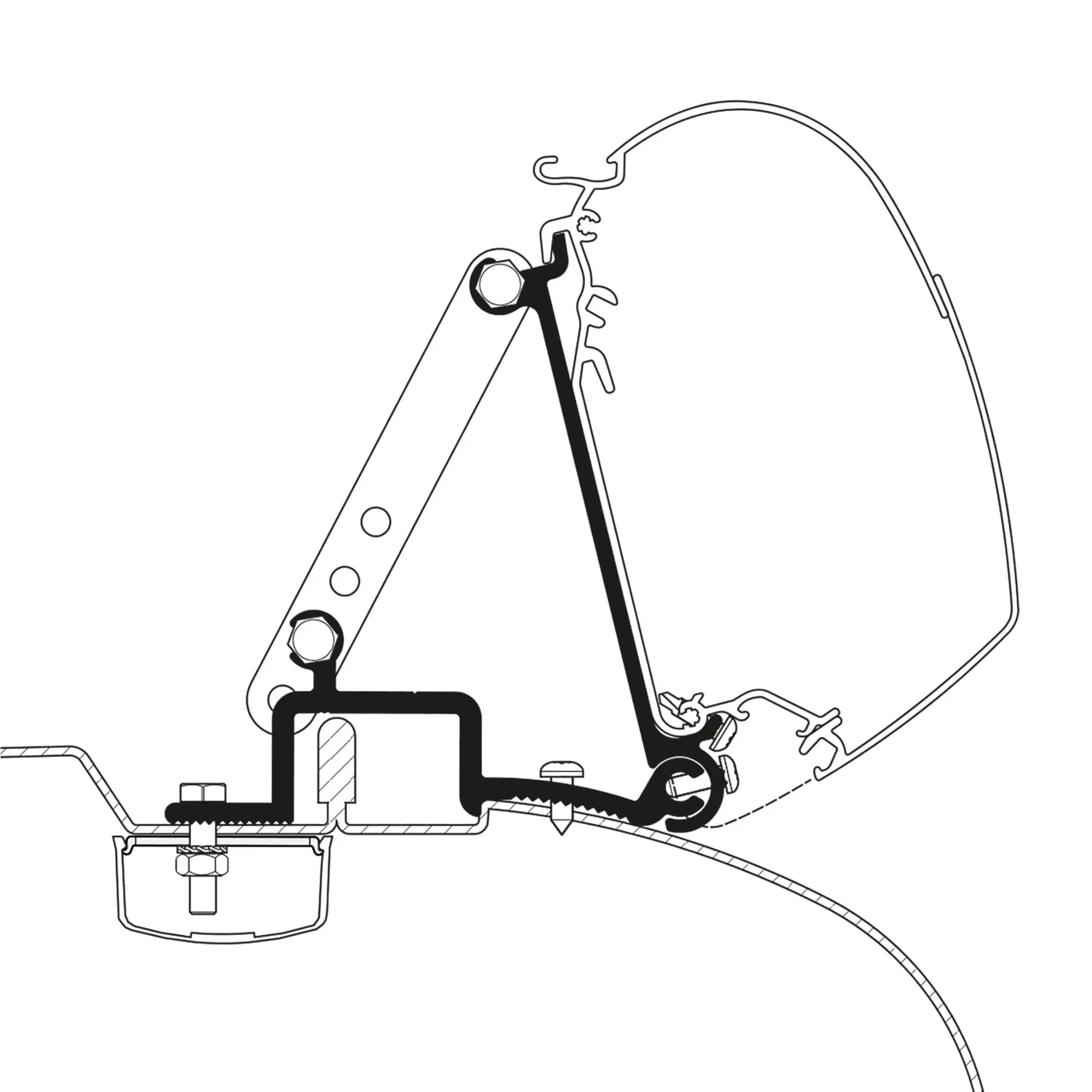 Schematische Darstellung eines Fiat-Ducato Adapterbefestigungssets: perforierte Metallträgerplatte mit Löchern, schwarzer Haltearm, Schraube mit Mutter und rundes Gehäuse im Hintergrund