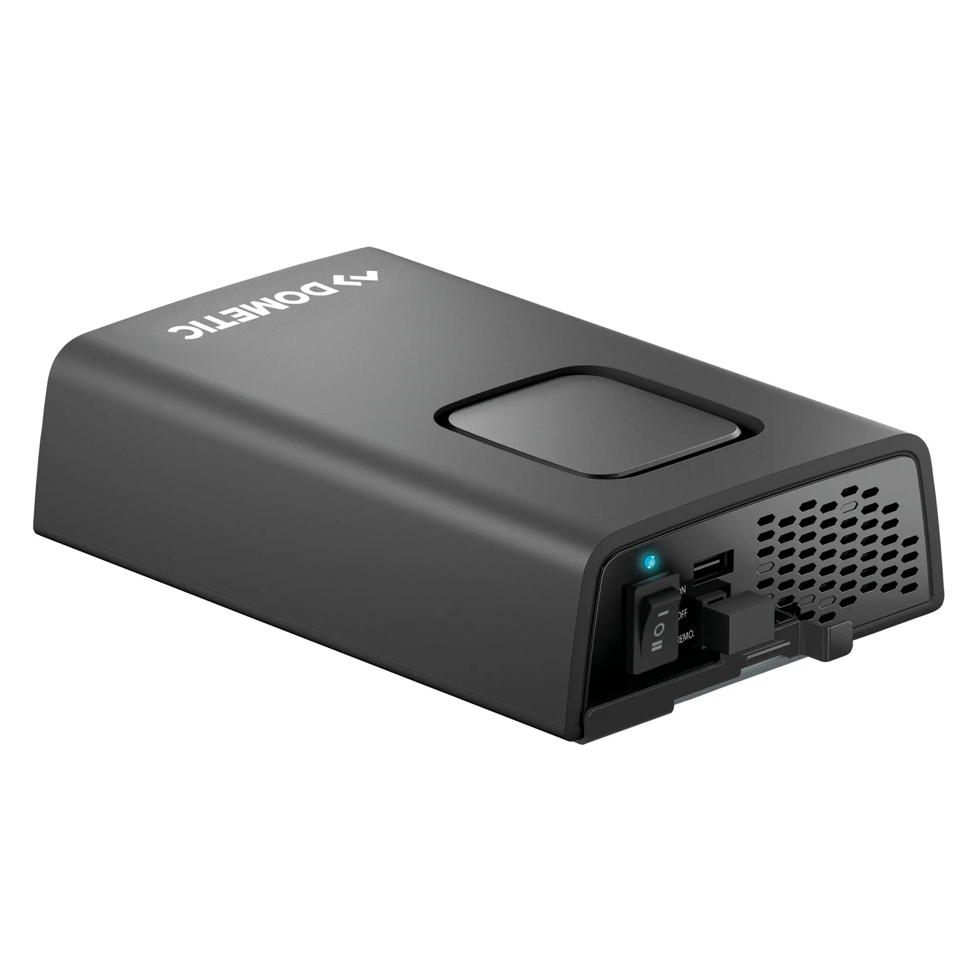 Kompakter Sinus-Wechselrichter DPSI 24 V, 150 W, dunkelgraues Gehäuse mit Belüftungsgitter, blauem Status-LED und Ein/Aus-Schalter